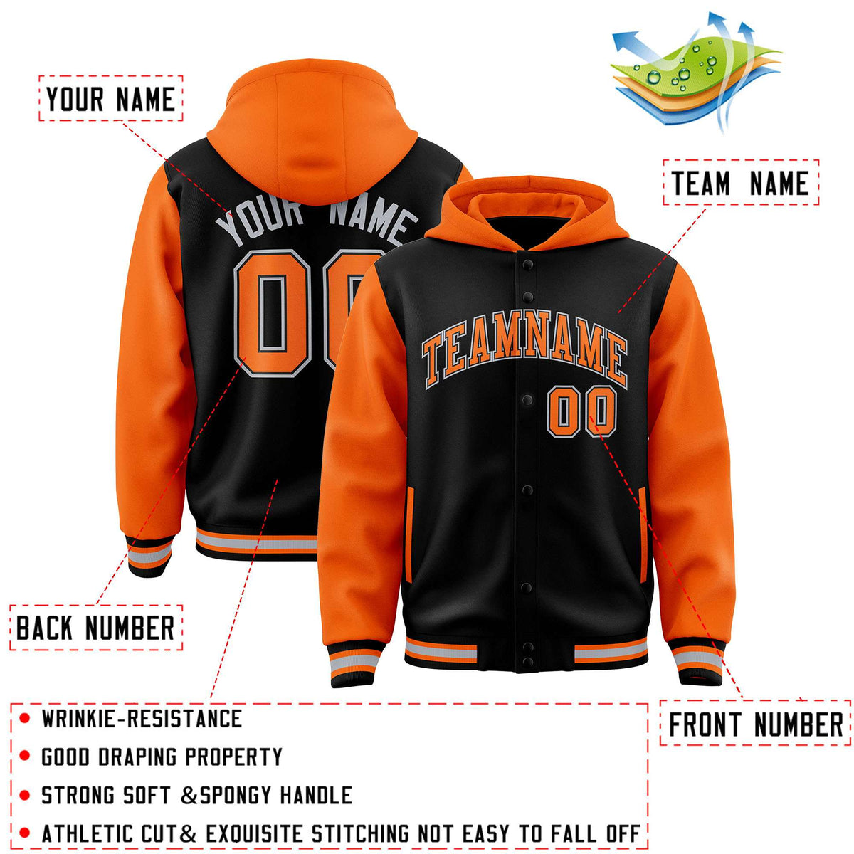 Custom Black Orange Raglan Sleeves Varsity Full-Snap Letterman Two Tone Jacket Hoodie| KXKSHOP
