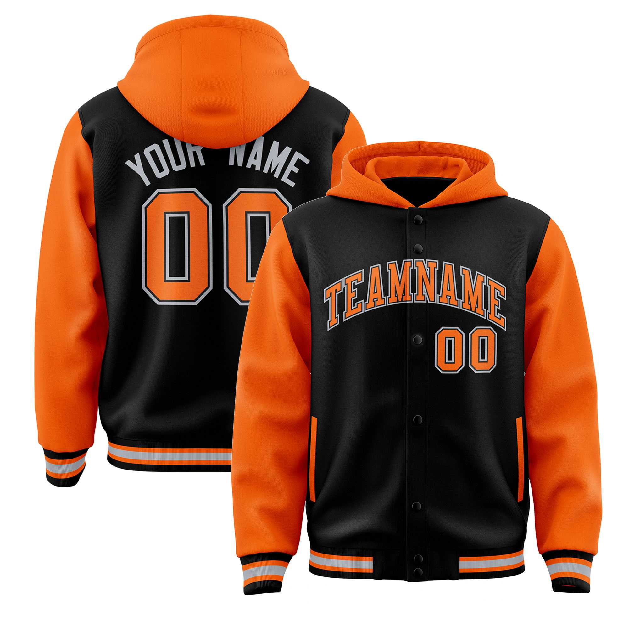 Custom Black Orange Raglan Sleeves Varsity Full-Snap Letterman Two Tone Jacket Hoodie| KXKSHOP