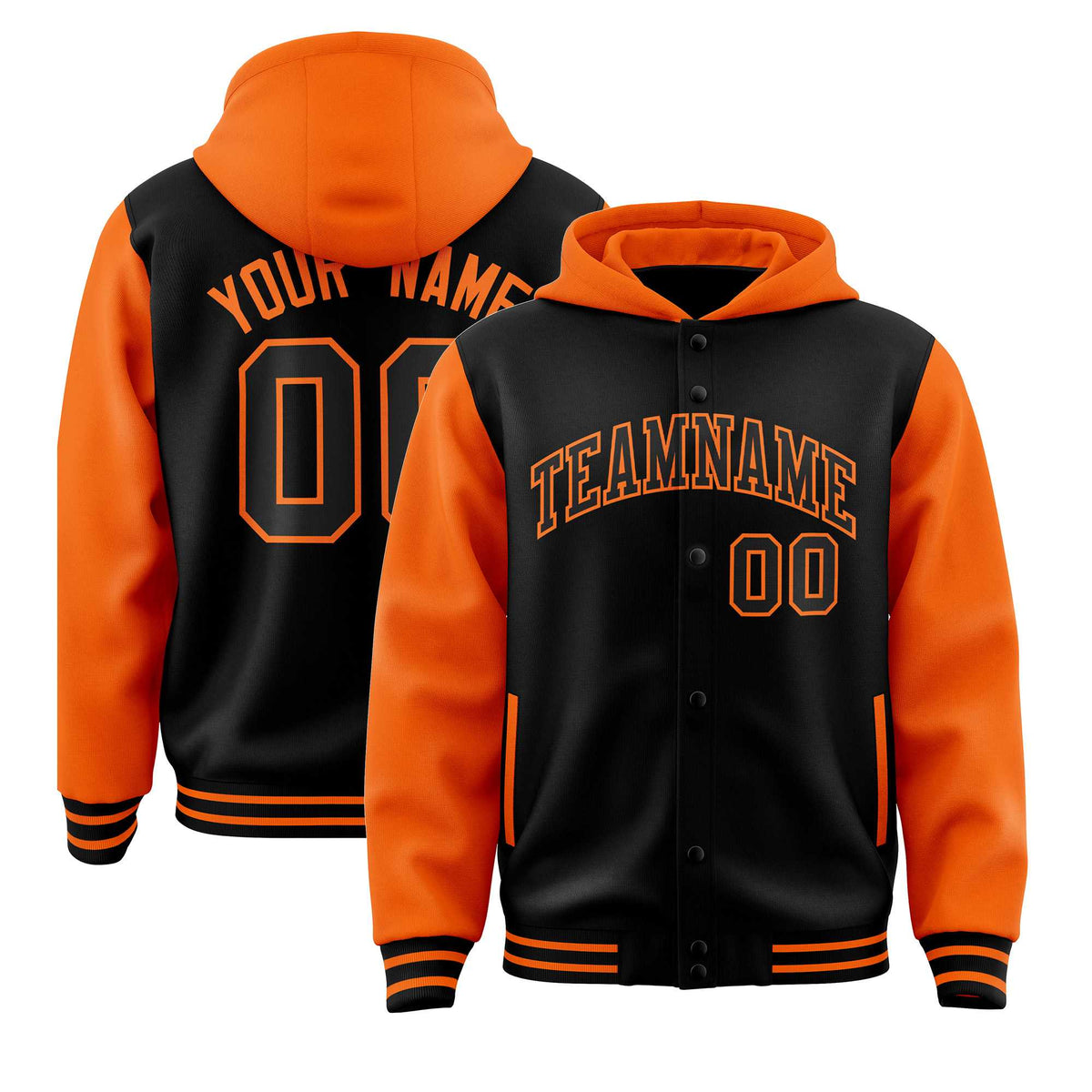 Custom Black Orange Raglan Sleeves Varsity Full-Snap Letterman Two Tone Jacket Hoodie| KXKSHOP