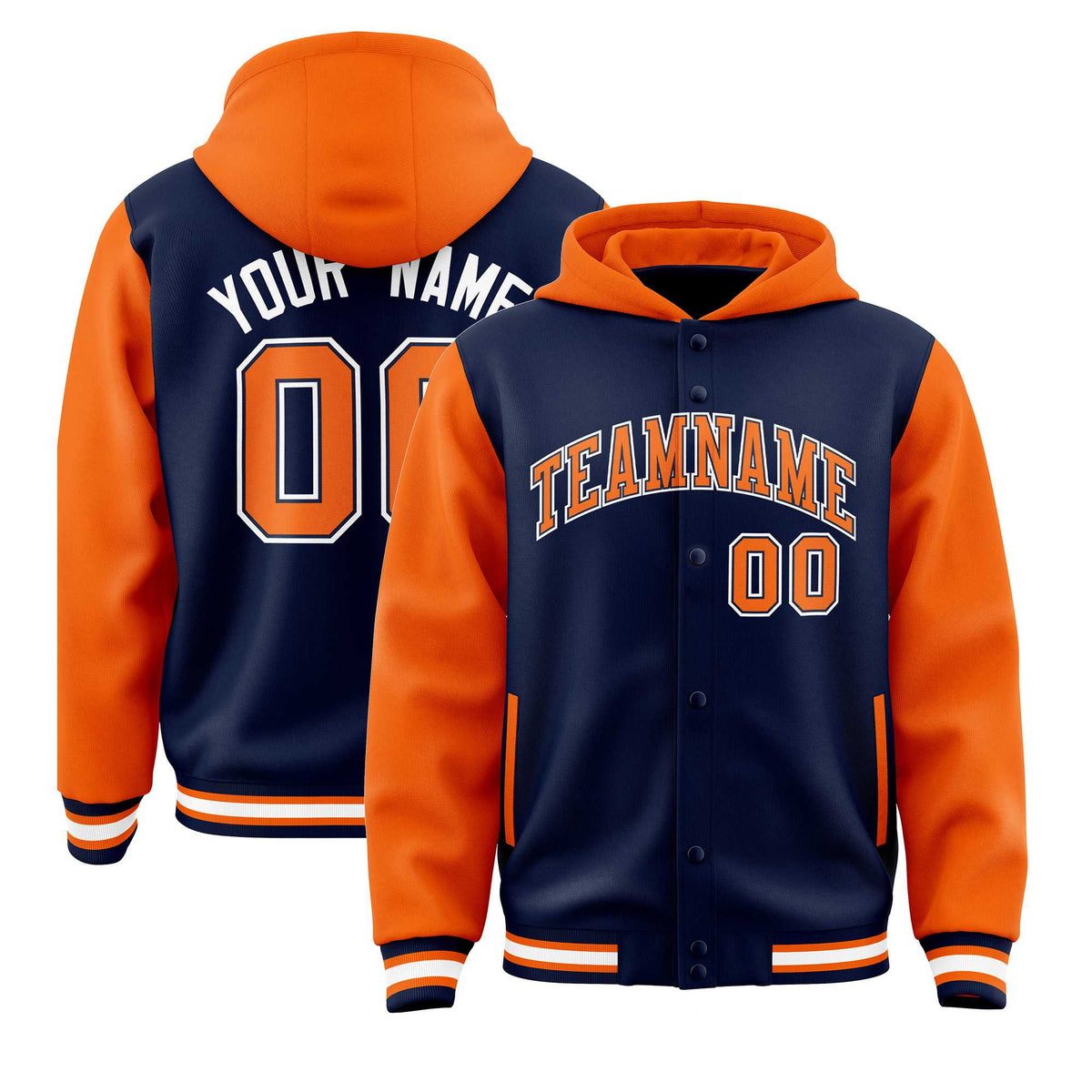 Custom Navy Orange Raglan Sleeves Varsity Full-Snap Letterman Two Tone Jacket Hoodie| KXKSHOP