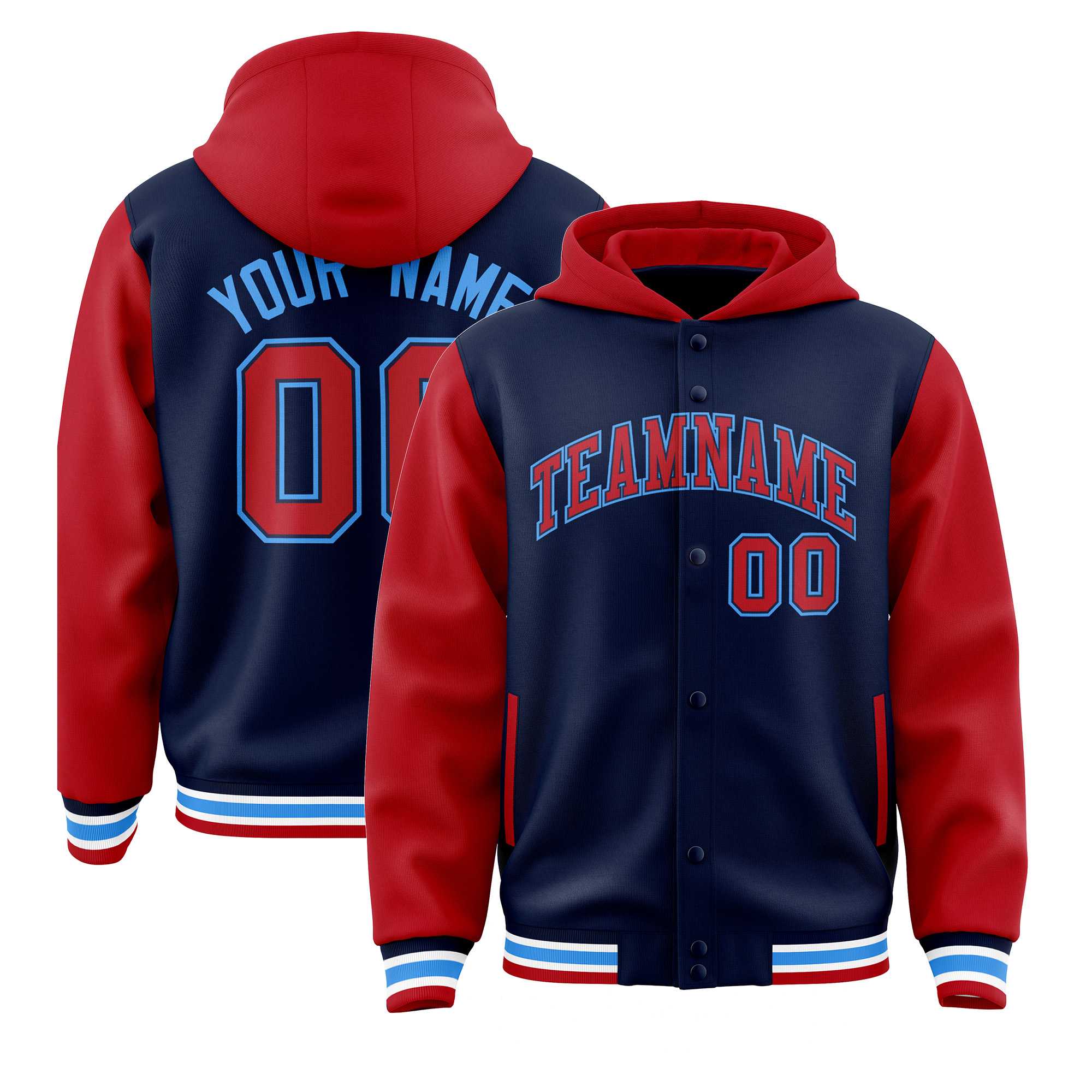 Custom Navy Red Raglan Sleeves Varsity Full-Snap Letterman Two Tone Jacket Hoodie| KXKSHOP