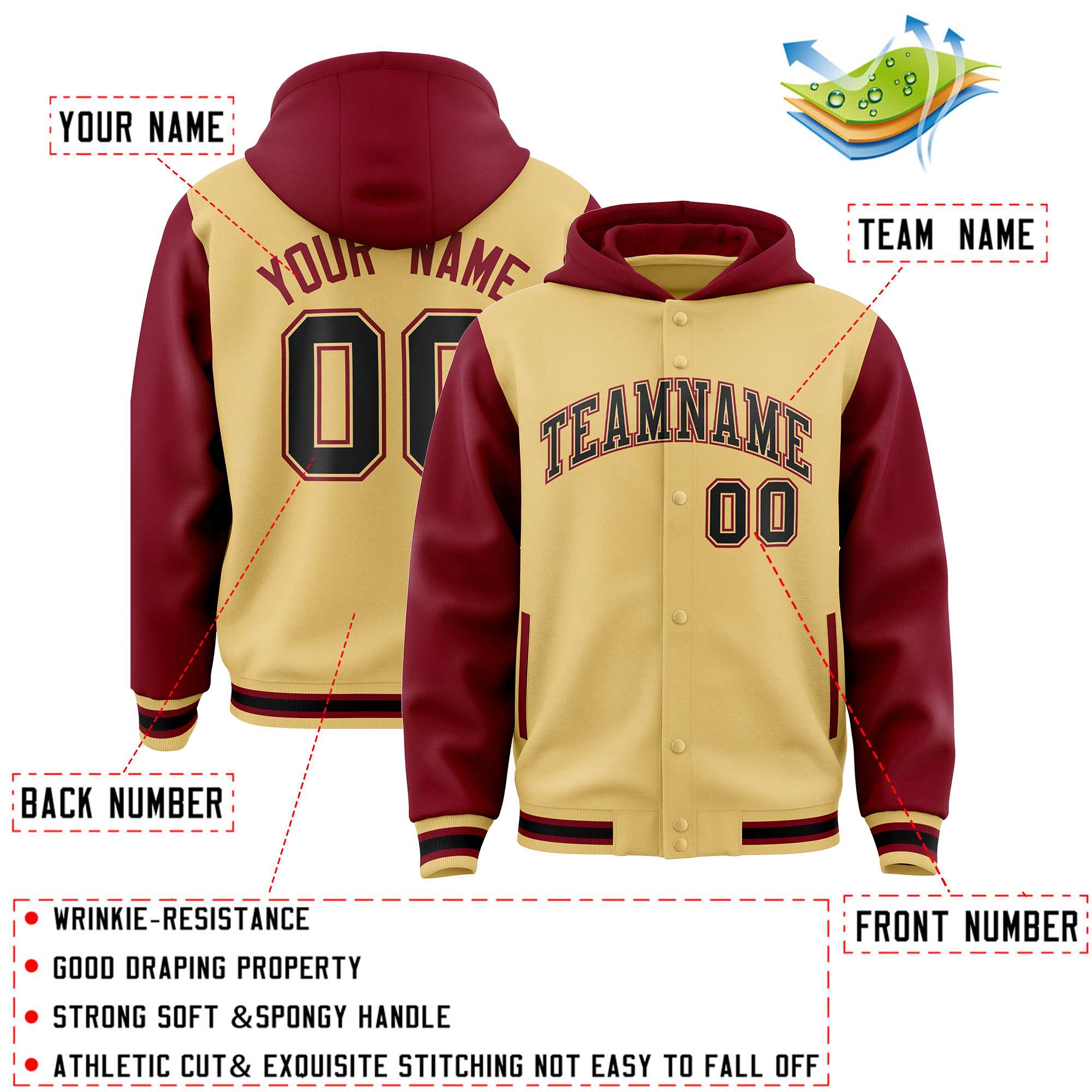Custom Khaki Crimson Raglan Sleeves Varsity Full-Snap Letterman Two Tone Jacket Hoodie| KXKSHOP