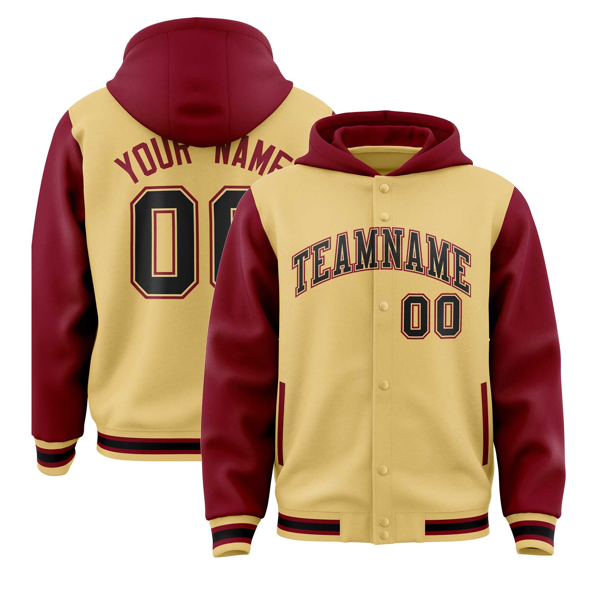 Custom Khaki Crimson Raglan Sleeves Varsity Full-Snap Letterman Two Tone Jacket Hoodie| KXKSHOP