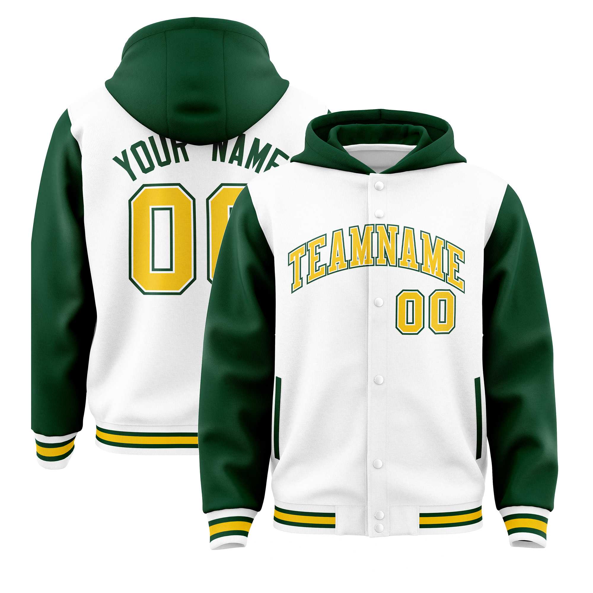 Custom White Green Raglan Sleeves Varsity Full-Snap Letterman Two Tone Jacket Hoodie| KXKSHOP