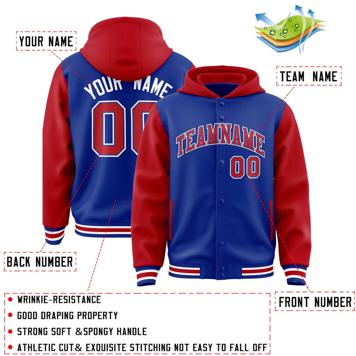 Custom Royal Red Raglan Sleeves Varsity Full-Snap Letterman Two Tone Jacket Hoodie| KXKSHOP
