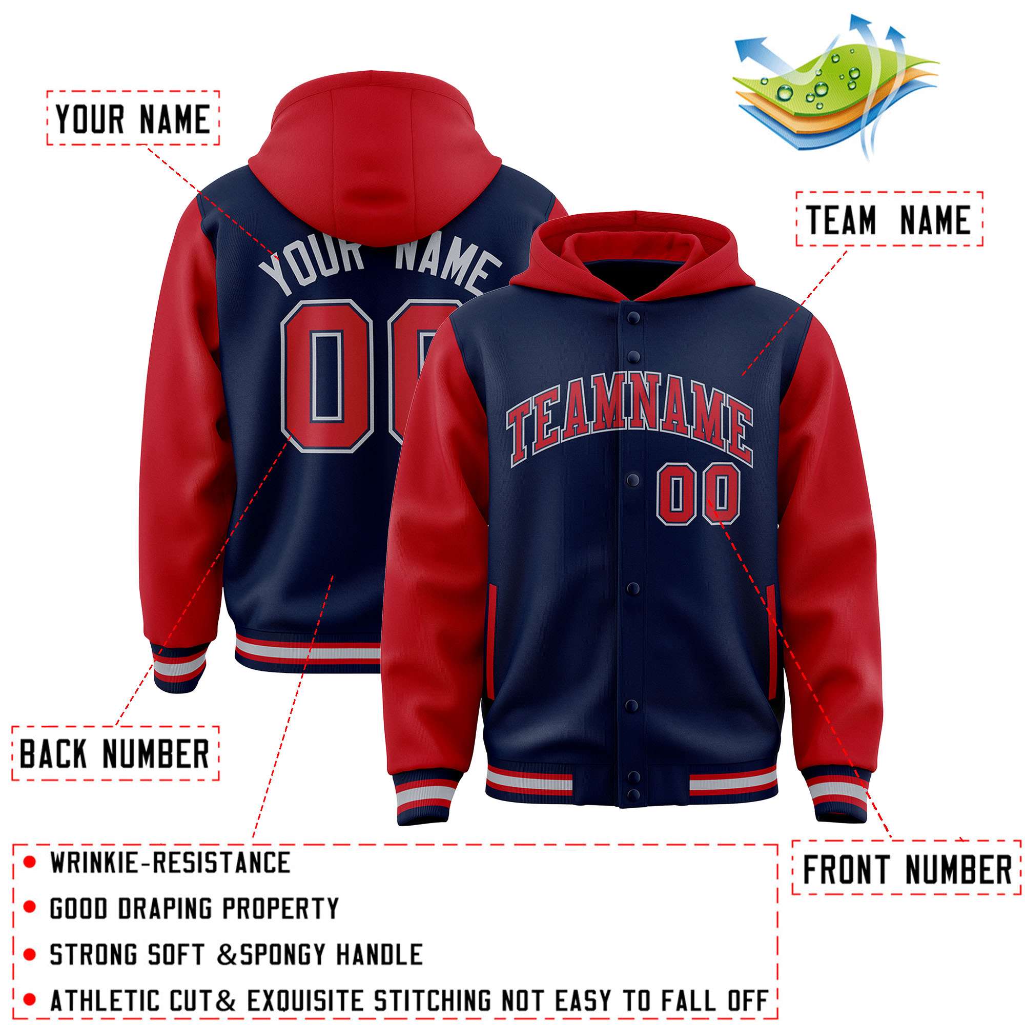Custom Navy Red Raglan Sleeves Varsity Full-Snap Letterman Two Tone Jacket Hoodie| KXKSHOP