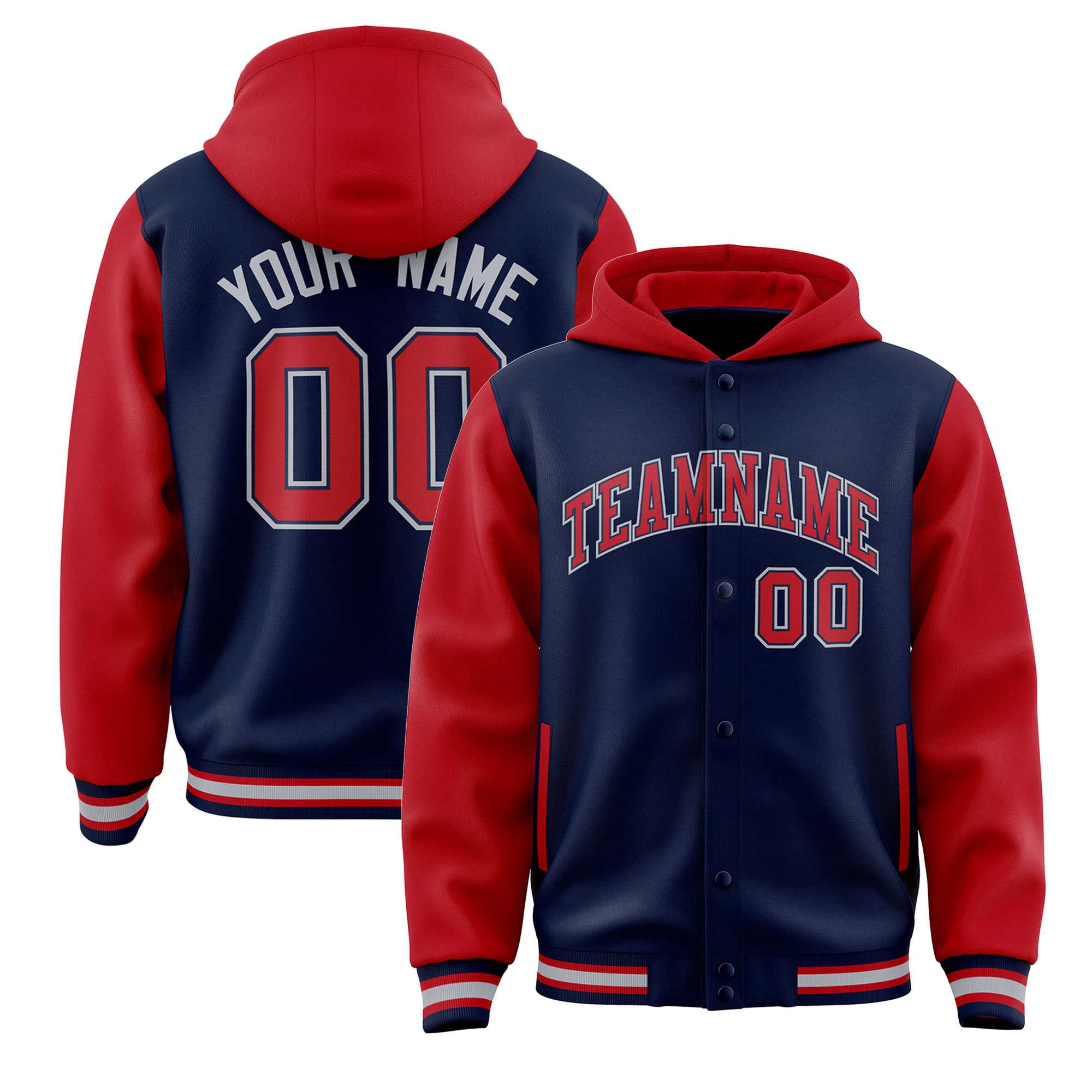 Custom Navy Red Raglan Sleeves Varsity Full-Snap Letterman Two Tone Jacket Hoodie| KXKSHOP