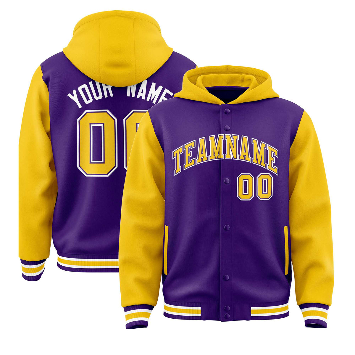 Custom Purple Gold Raglan Sleeves Varsity Full-Snap Letterman Two Tone Jacket Hoodie| KXKSHOP