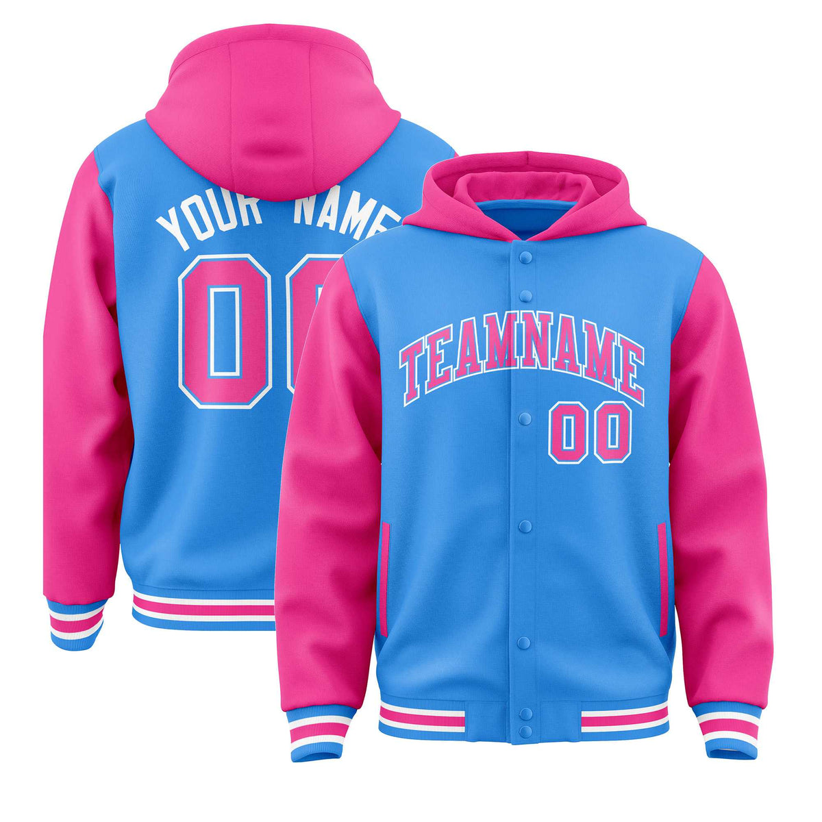Custom Powder Blue Pink Raglan Sleeves Varsity Full-Snap Letterman Two Tone Jacket Hoodie| KXKSHOP