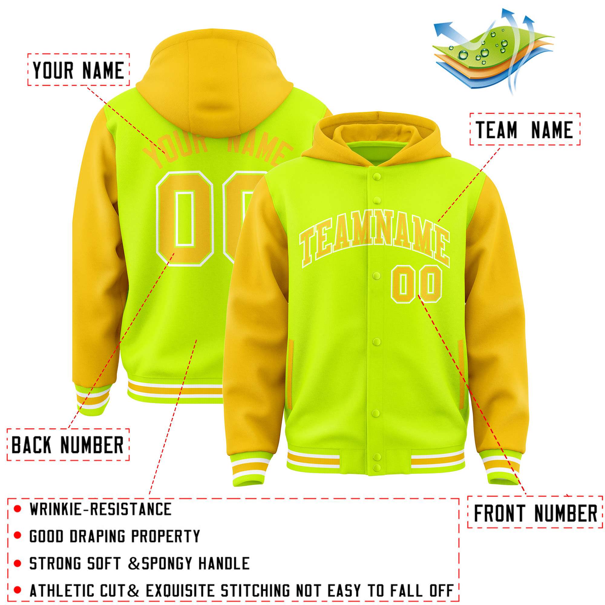 Custom Neon Green Gold Raglan Sleeves Varsity Full-Snap Letterman Two Tone Jacket Hoodie| KXKSHOP