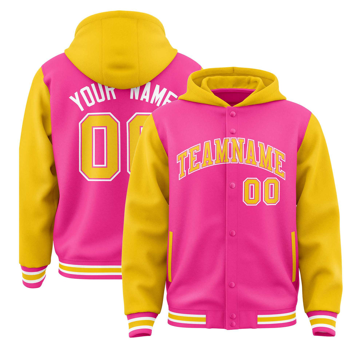 Custom Pink Gold Raglan Sleeves Varsity Full-Snap Letterman Two Tone Jacket Hoodie| KXKSHOP