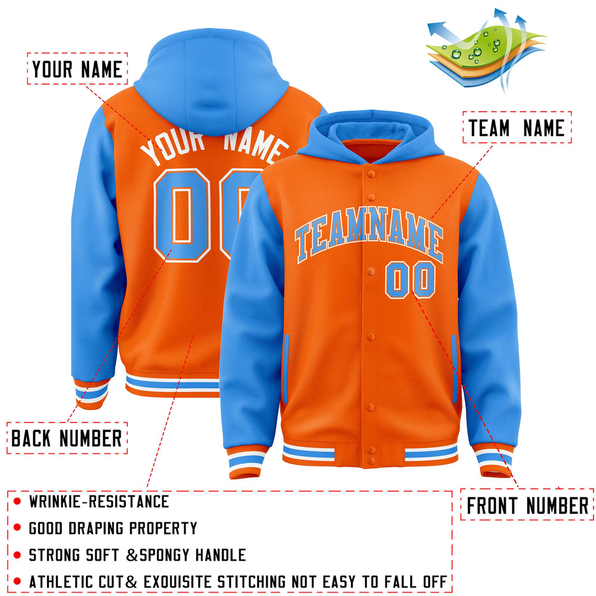 Custom Orange Powder Blue Raglan Sleeves Varsity Full-Snap Letterman Two Tone Jacket Hoodie| KXKSHOP
