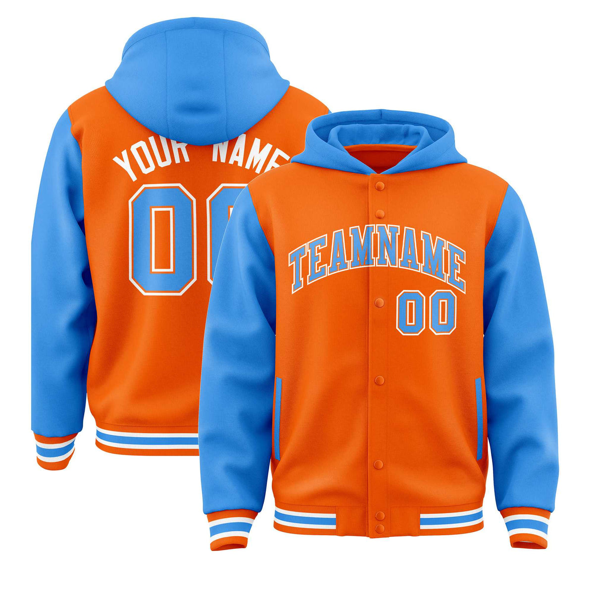 Custom Orange Powder Blue Raglan Sleeves Varsity Full-Snap Letterman Two Tone Jacket Hoodie| KXKSHOP
