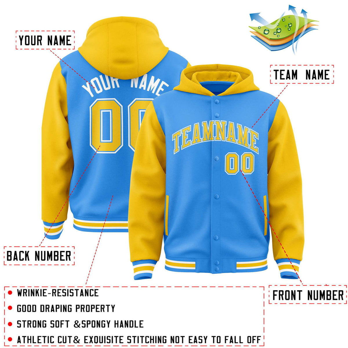 Custom Powder Blue Gold Raglan Sleeves Varsity Full-Snap Letterman Two Tone Jacket Hoodie| KXKSHOP