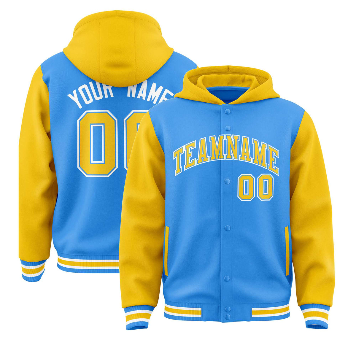 Custom Powder Blue Gold Raglan Sleeves Varsity Full-Snap Letterman Two Tone Jacket Hoodie| KXKSHOP