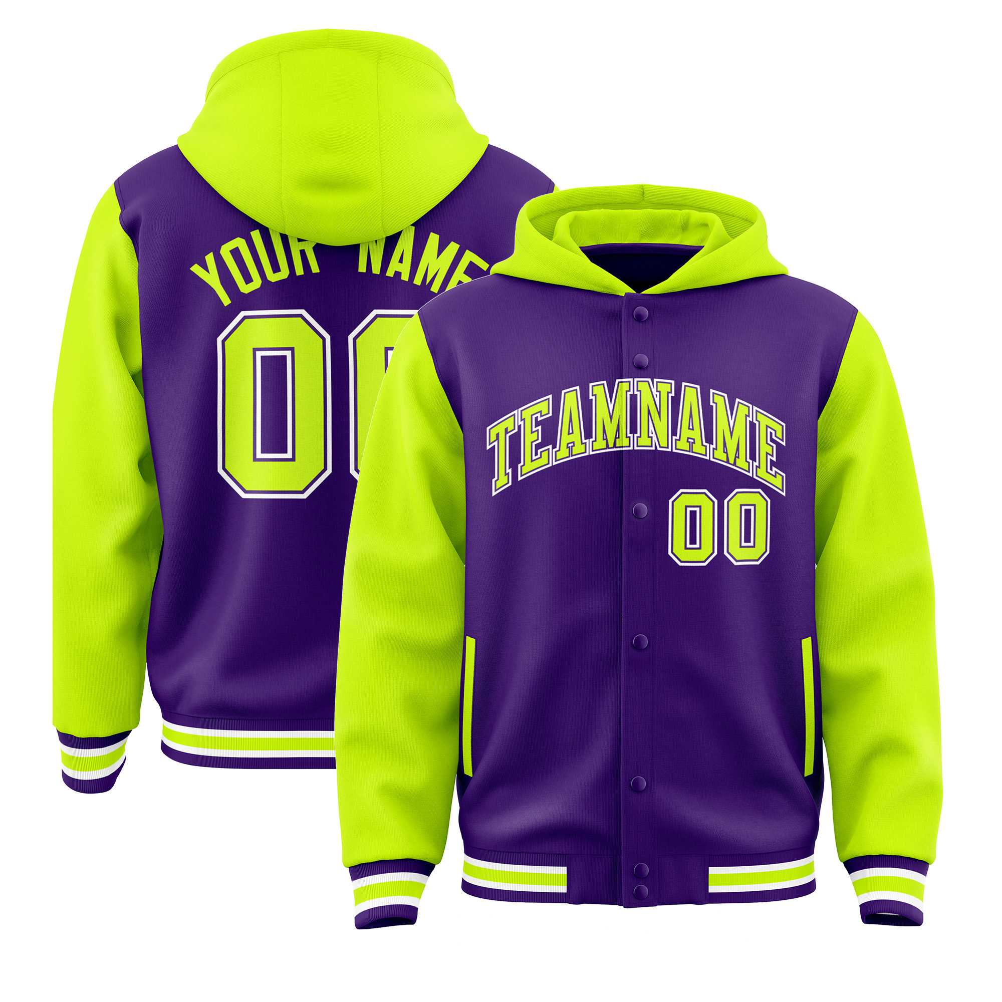 Custom Purple Neon Green Raglan Sleeves Varsity Full-Snap Letterman Two Tone Jacket Hoodie| KXKSHOP