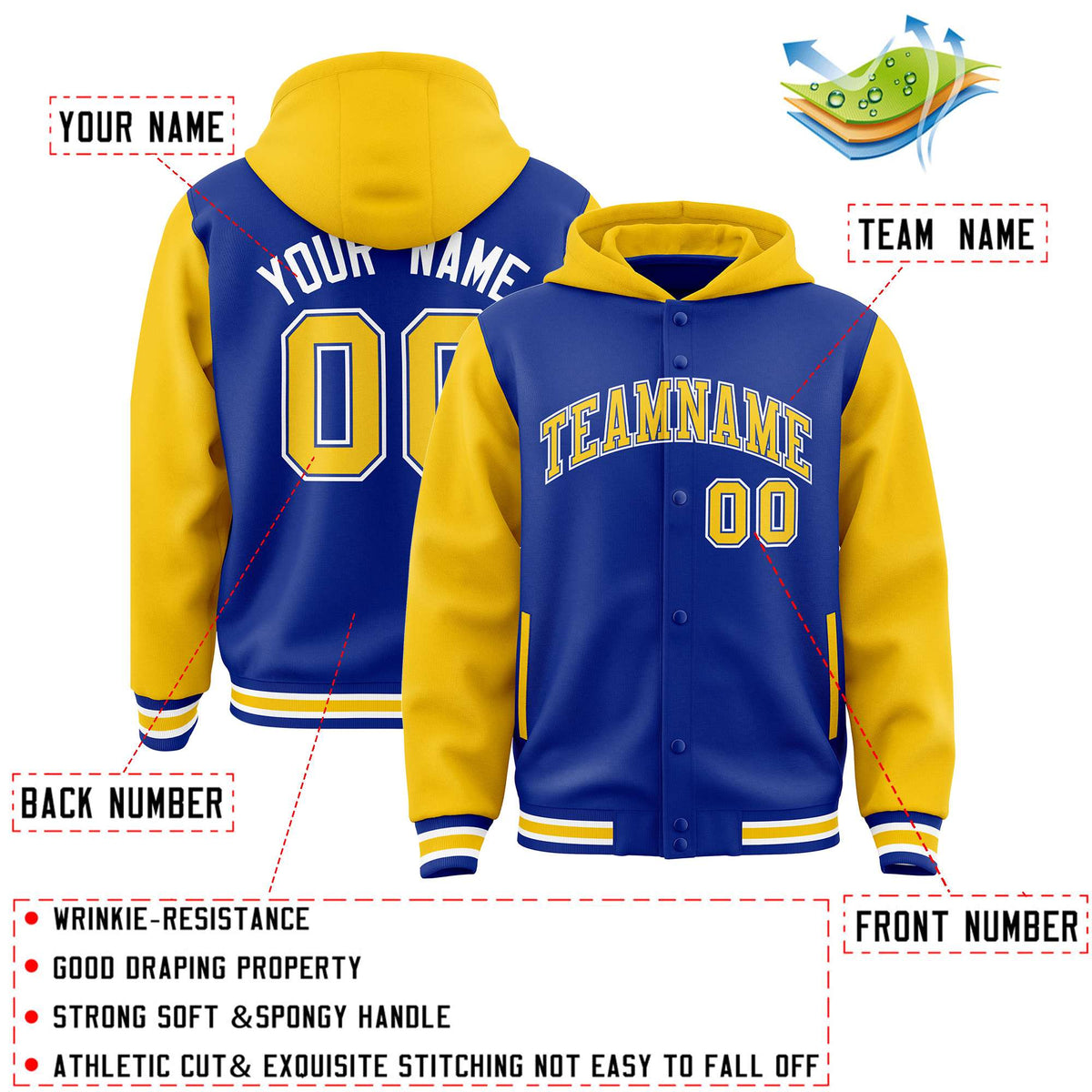 Custom Royal Gold Raglan Sleeves Varsity Full-Snap Letterman Two Tone Jacket Hoodie| KXKSHOP