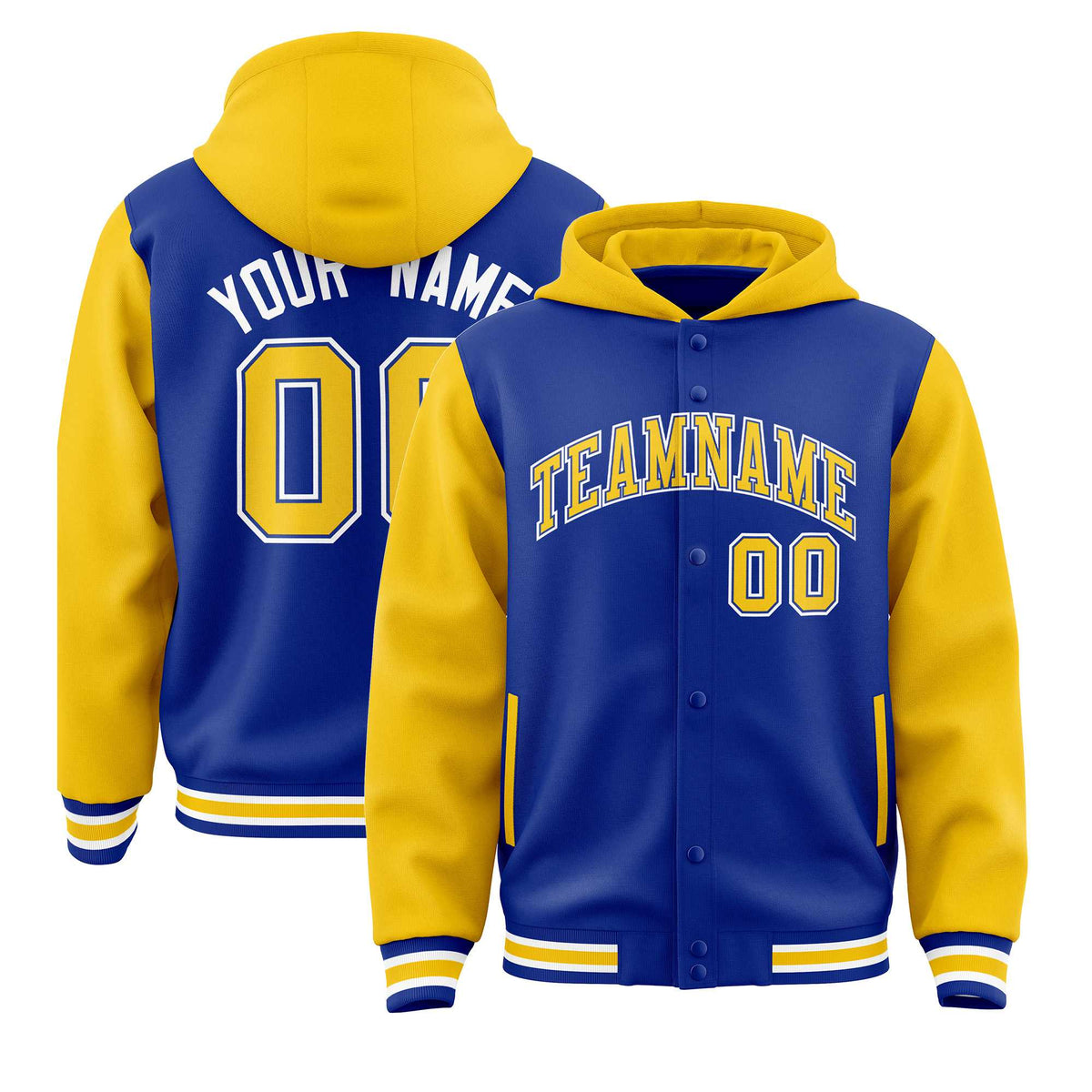 Custom Royal Gold Raglan Sleeves Varsity Full-Snap Letterman Two Tone Jacket Hoodie| KXKSHOP