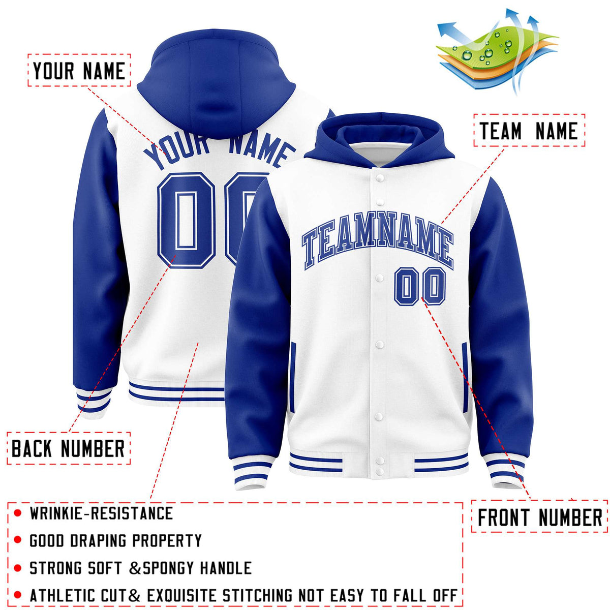 Custom White Royal Raglan Sleeves Varsity Full-Snap Letterman Two Tone Jacket Hoodie| KXKSHOP
