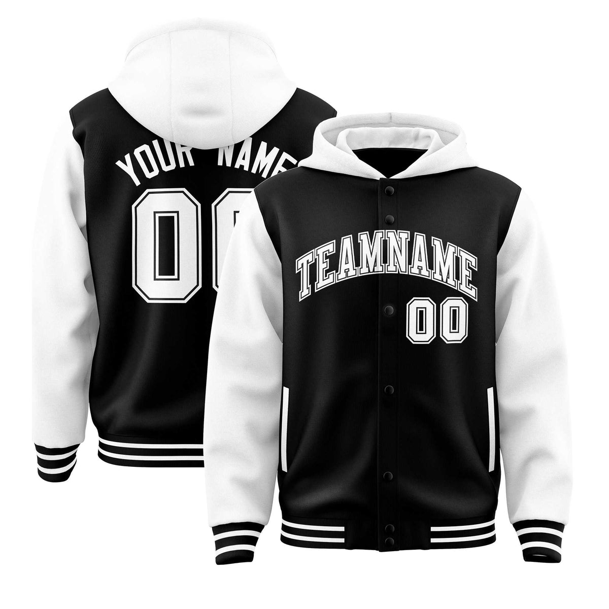 Custom Black White Raglan Sleeves Varsity Full-Snap Letterman Two Tone Jacket Hoodie| KXKSHOP