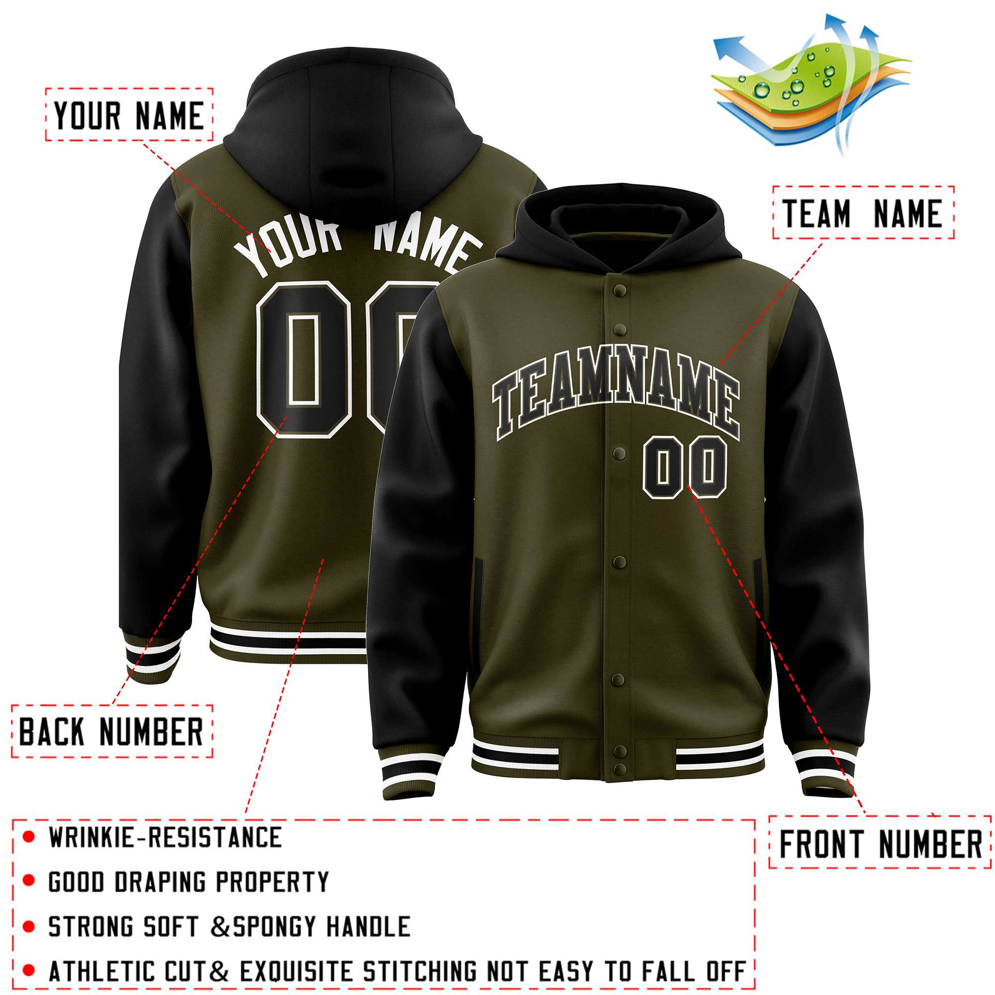Custom Olive Black Raglan Sleeves Varsity Full-Snap Letterman Two Tone Jacket Hoodie| KXKSHOP