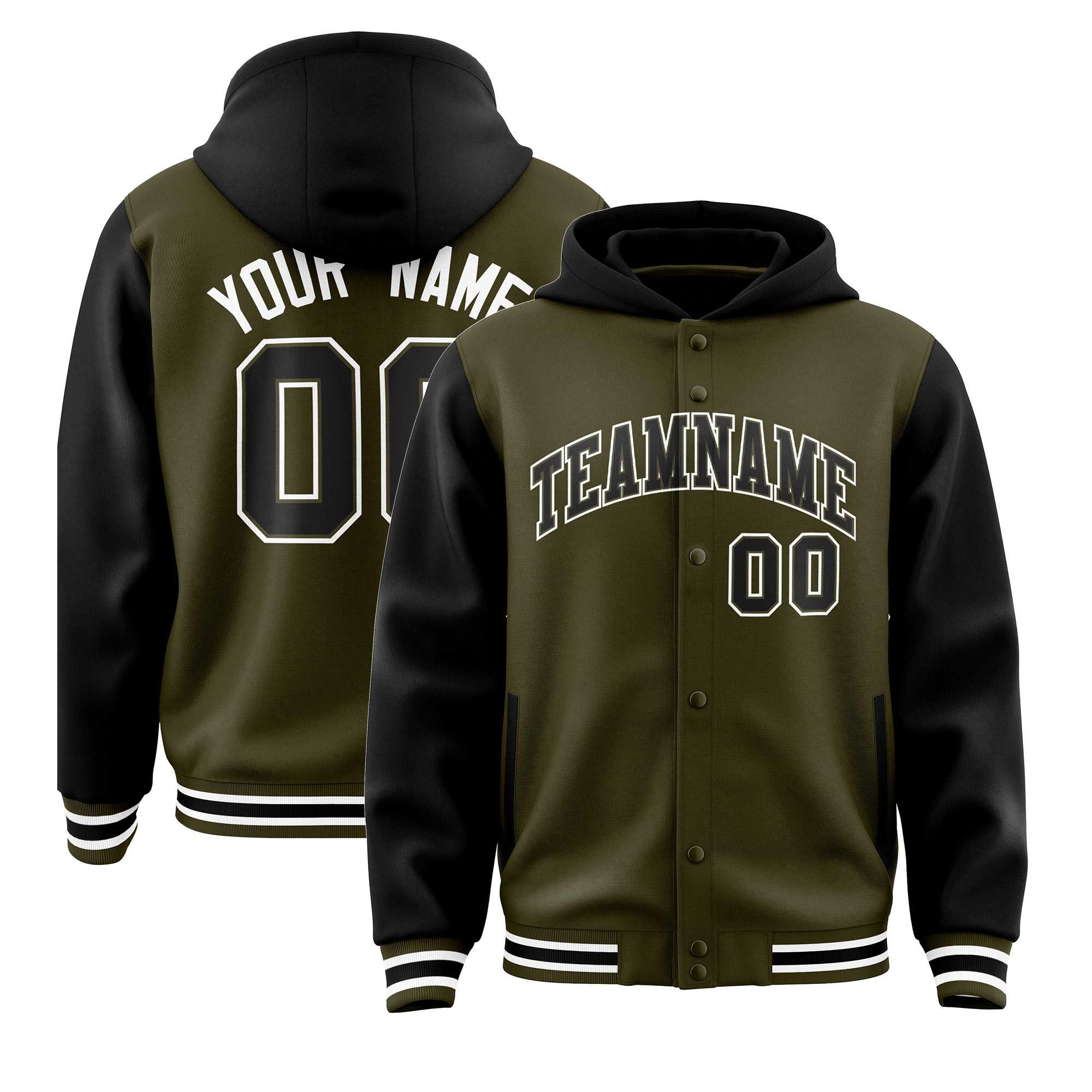 Custom Olive Black Raglan Sleeves Varsity Full-Snap Letterman Two Tone Jacket Hoodie| KXKSHOP