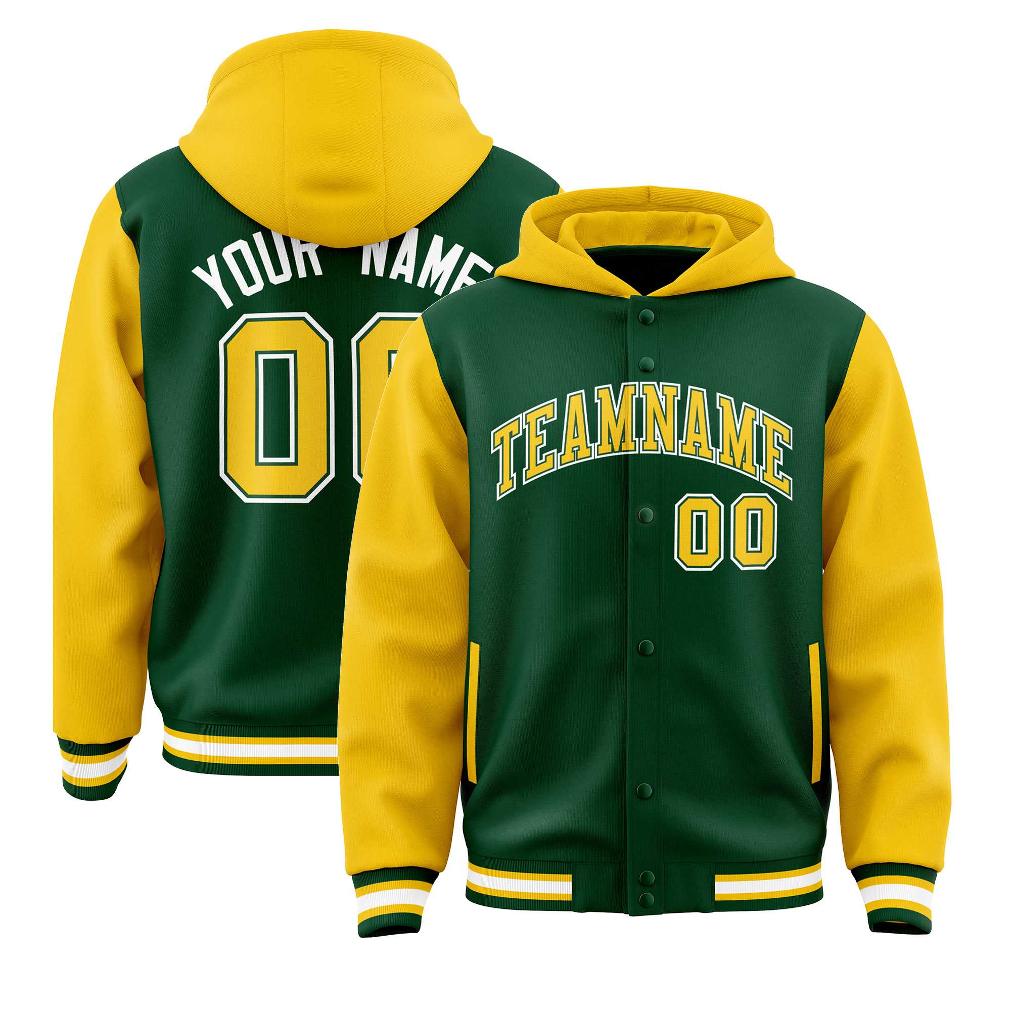 Custom Green Gold Raglan Sleeves Varsity Full-Snap Letterman Two Tone Jacket Hoodie| KXKSHOP