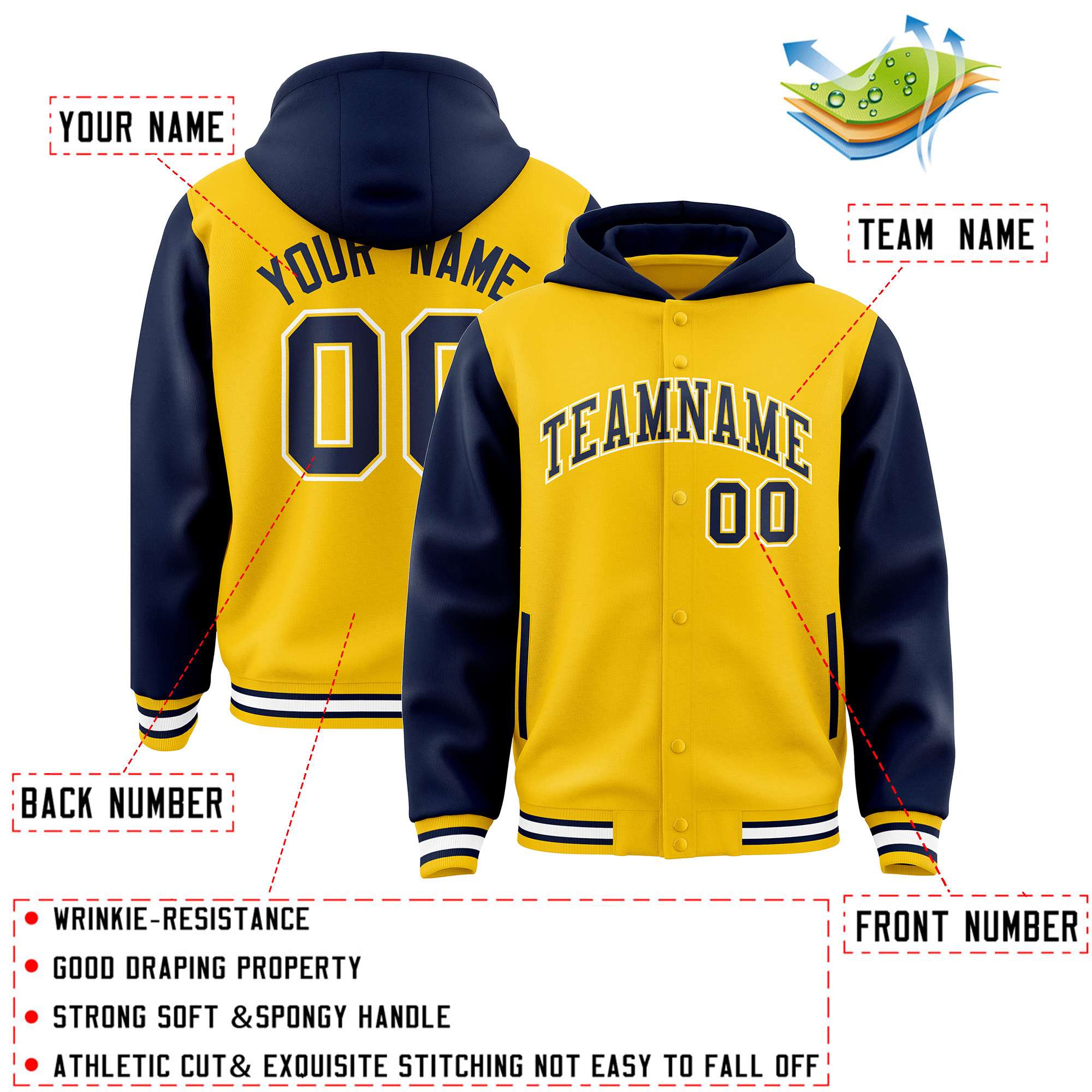 Custom Gold Navy Raglan Sleeves Varsity Full-Snap Letterman Two Tone Jacket Hoodie| KXKSHOP