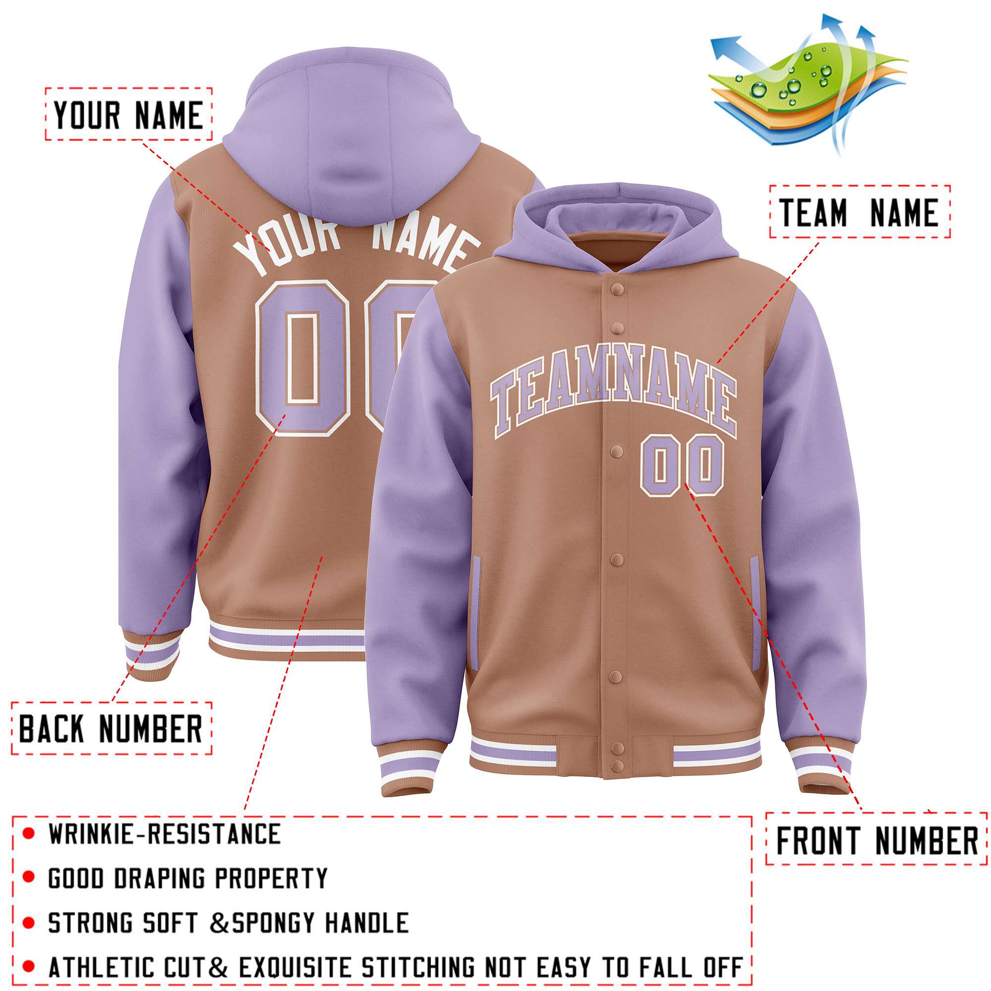Custom Teabrown Light Purple Raglan Sleeves Varsity Full-Snap Letterman Two Tone Jacket Hoodie| KXKSHOP
