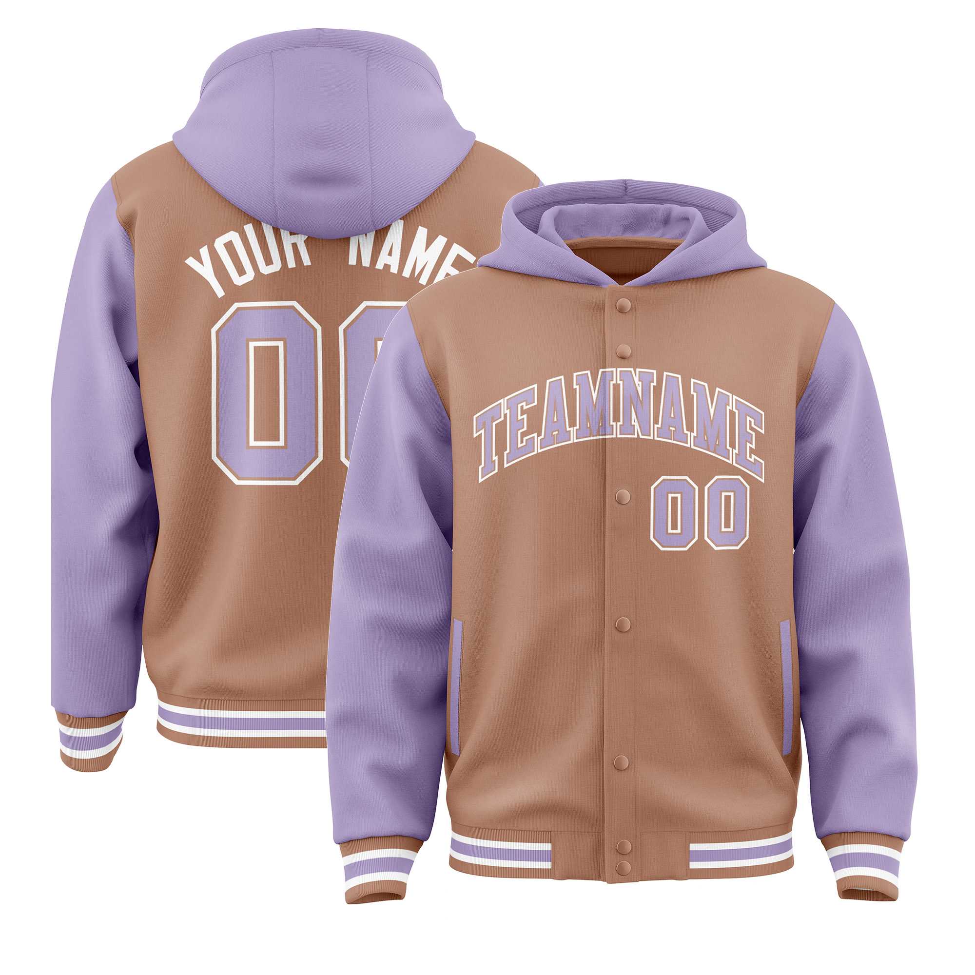 Custom Teabrown Light Purple Raglan Sleeves Varsity Full-Snap Letterman Two Tone Jacket Hoodie| KXKSHOP