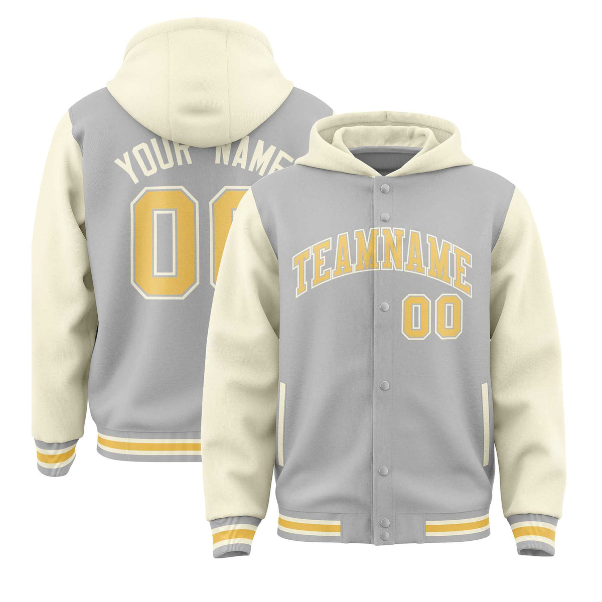 Custom Gray Cream Raglan Sleeves Varsity Full-Snap Letterman Two Tone Jacket Hoodie| KXKSHOP