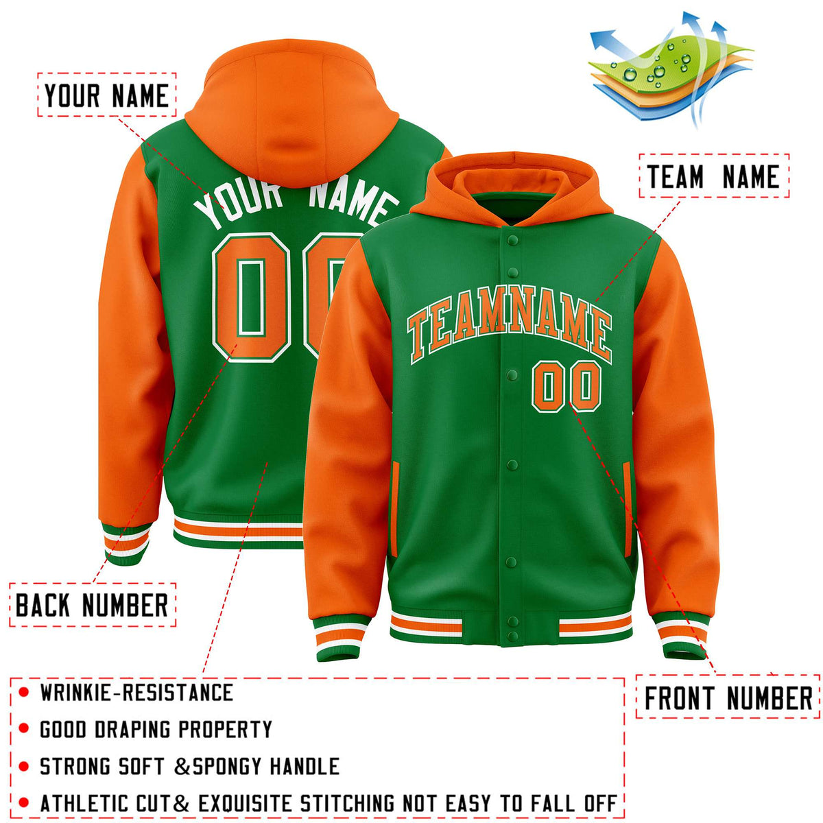 Custom Kelly Green Orange Raglan Sleeves Varsity Full-Snap Letterman Two Tone Jacket Hoodie| KXKSHOP