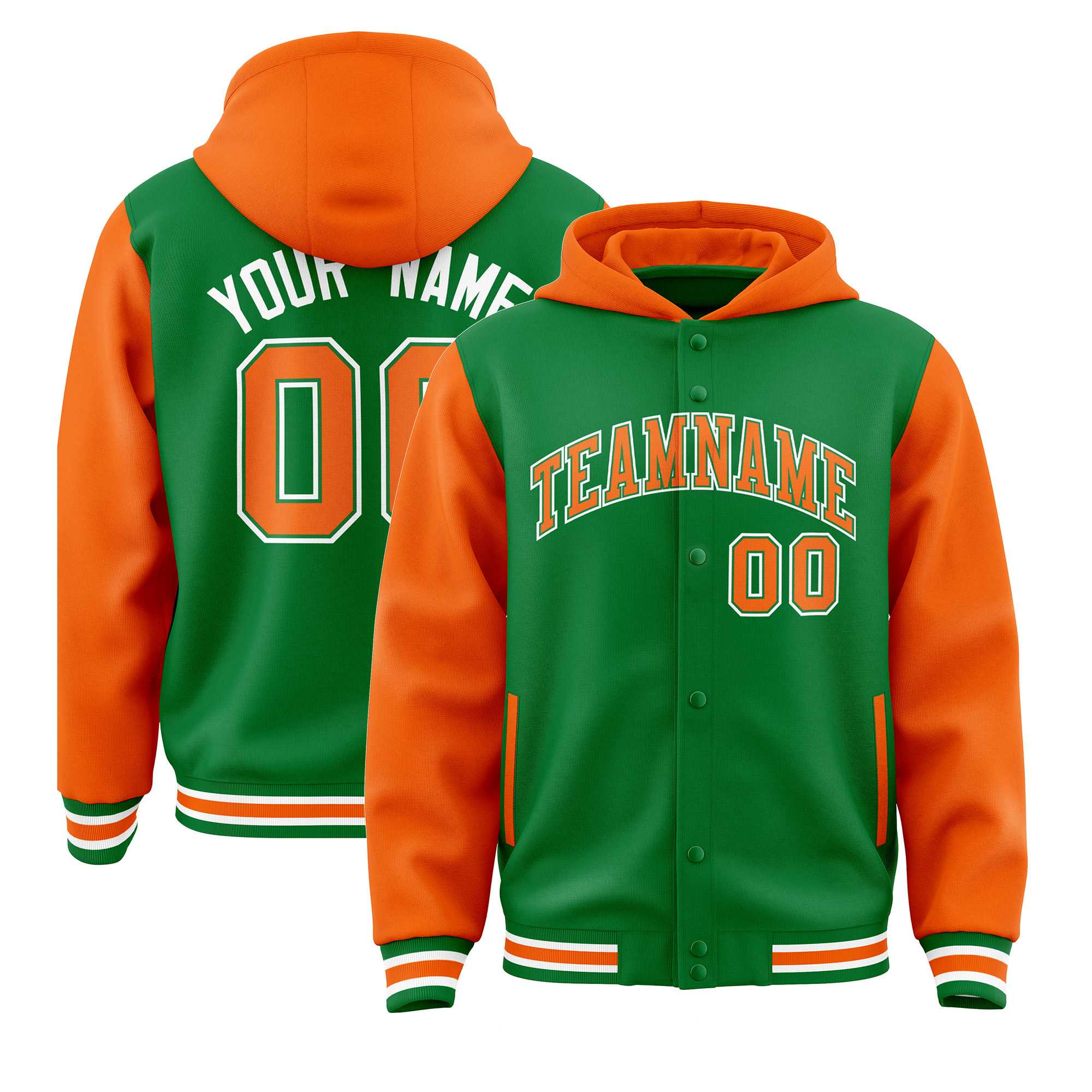 Custom Kelly Green Orange Raglan Sleeves Varsity Full-Snap Letterman Two Tone Jacket Hoodie| KXKSHOP