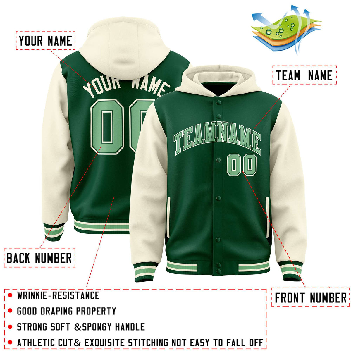 Custom Green Cream Raglan Sleeves Varsity Full-Snap Letterman Two Tone Jacket Hoodie| KXKSHOP