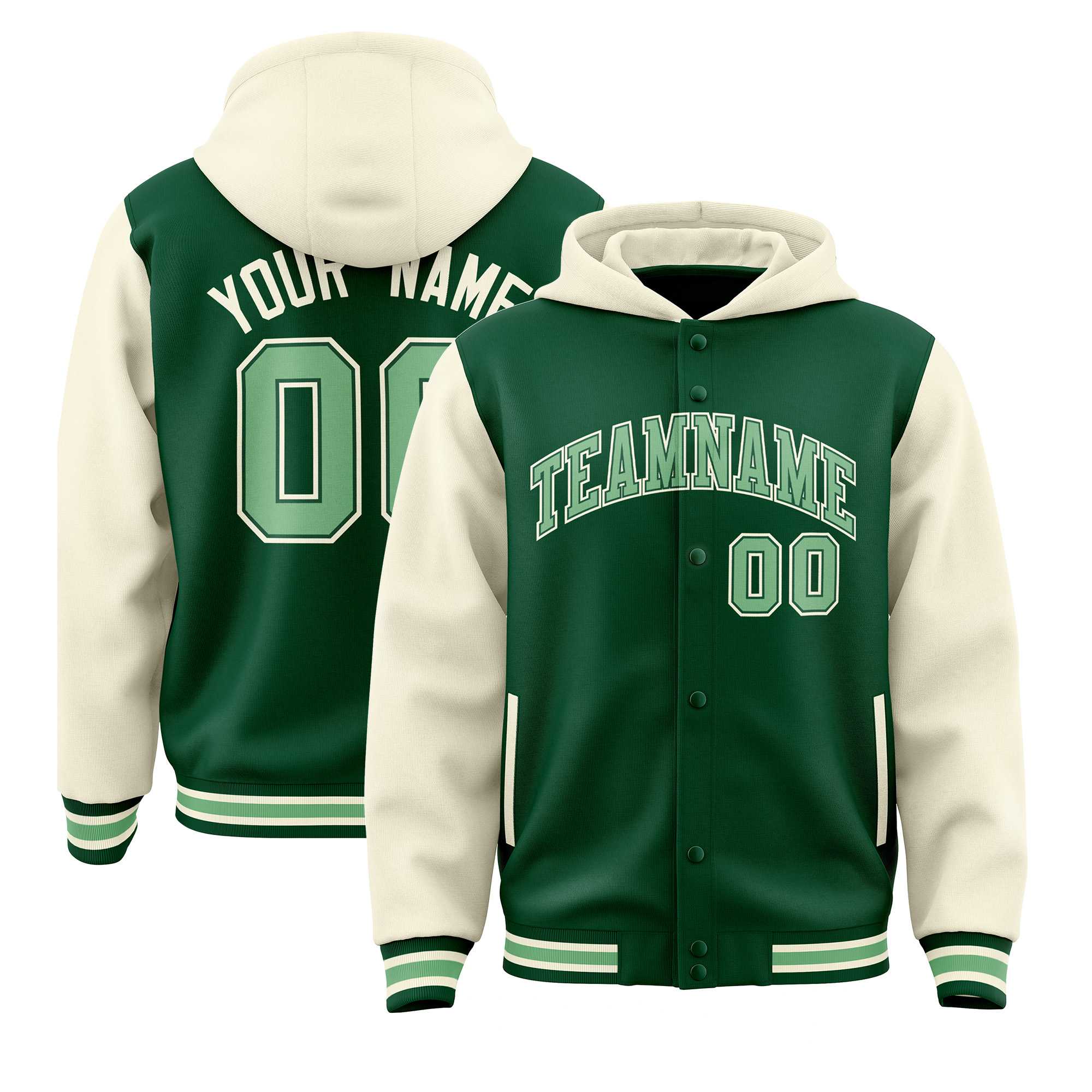 Custom Green Cream Raglan Sleeves Varsity Full-Snap Letterman Two Tone Jacket Hoodie| KXKSHOP