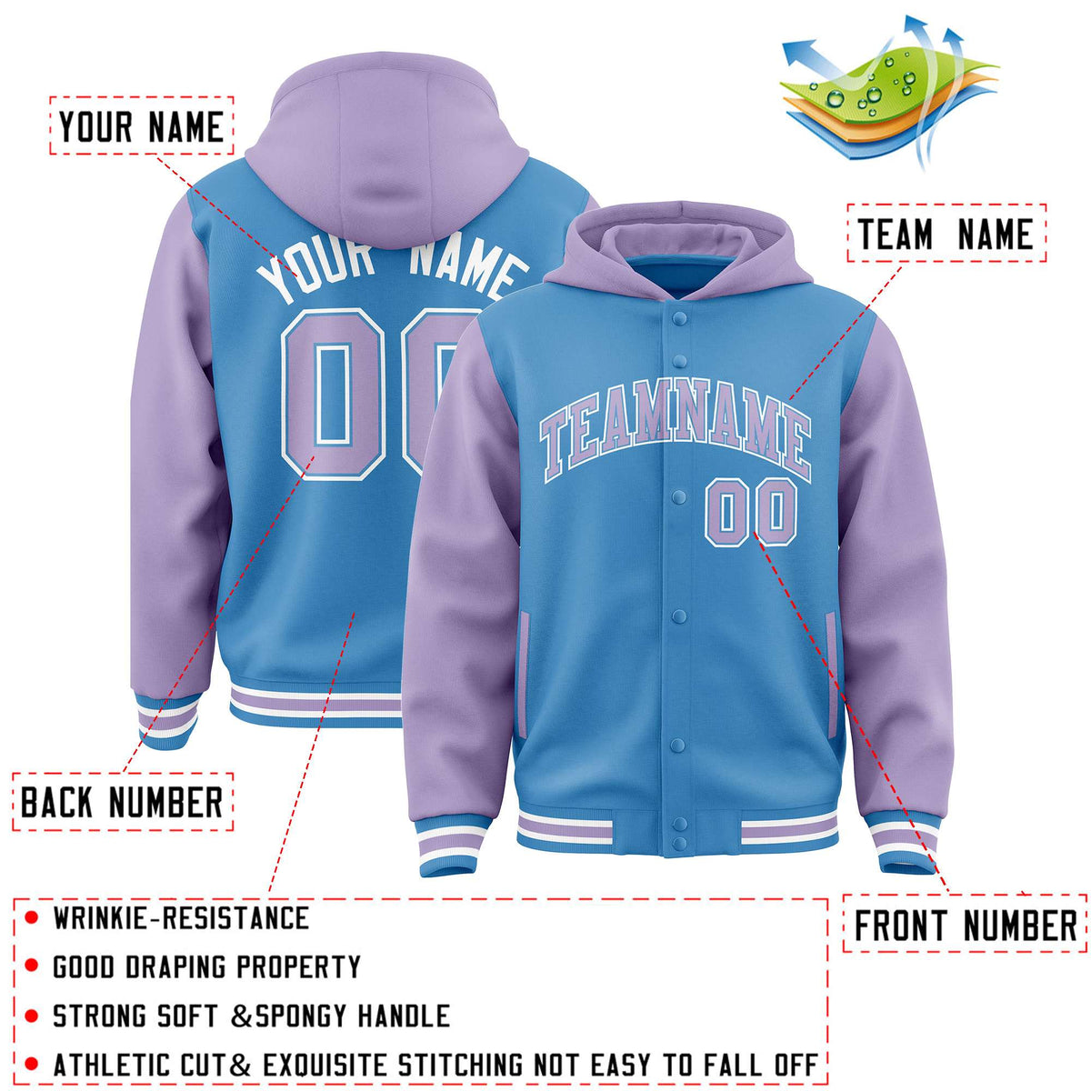 Custom Powder Blue Light Purple Raglan Sleeves Varsity Full-Snap Letterman Two Tone Jacket Hoodie| KXKSHOP