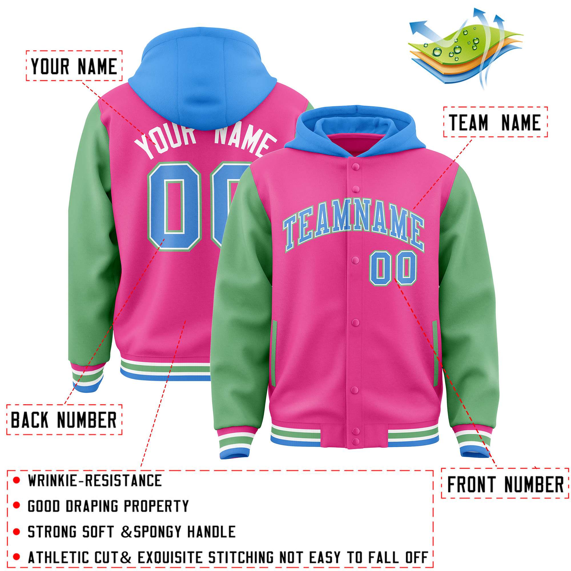 Custom Pink Green-Powder Blue Raglan Sleeves Varsity Full-Snap Letterman Two Tone Jacket Hoodie| KXKSHOP