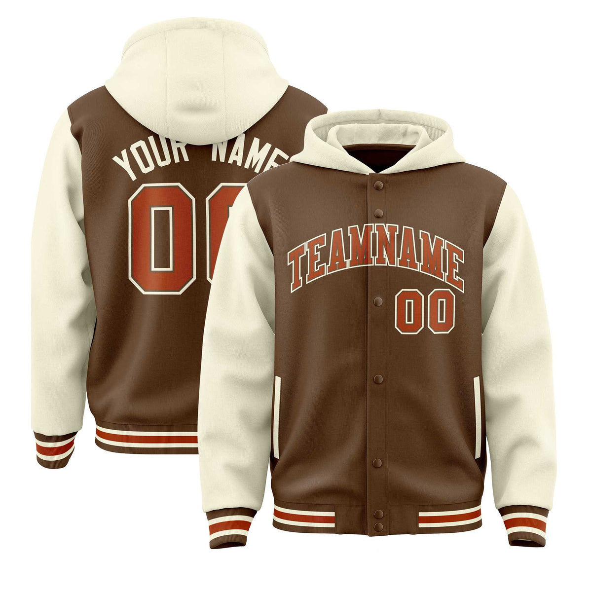 Custom Light Brown Cream Raglan Sleeves Varsity Full-Snap Letterman Two Tone Jacket Hoodie| KXKSHOP