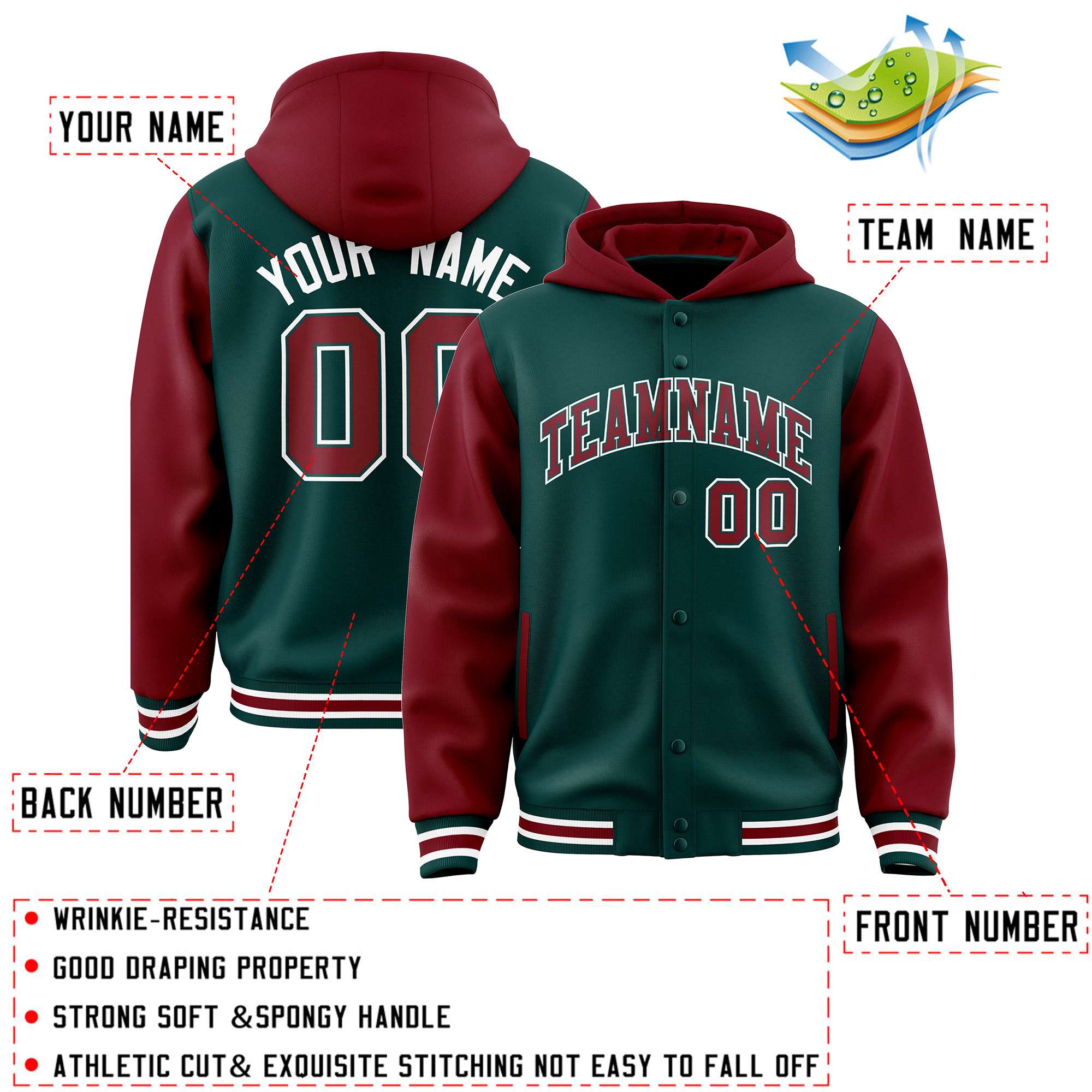 Custom Midnight Green Crimson Raglan Sleeves Varsity Full-Snap Letterman Two Tone Jacket Hoodie| KXKSHOP