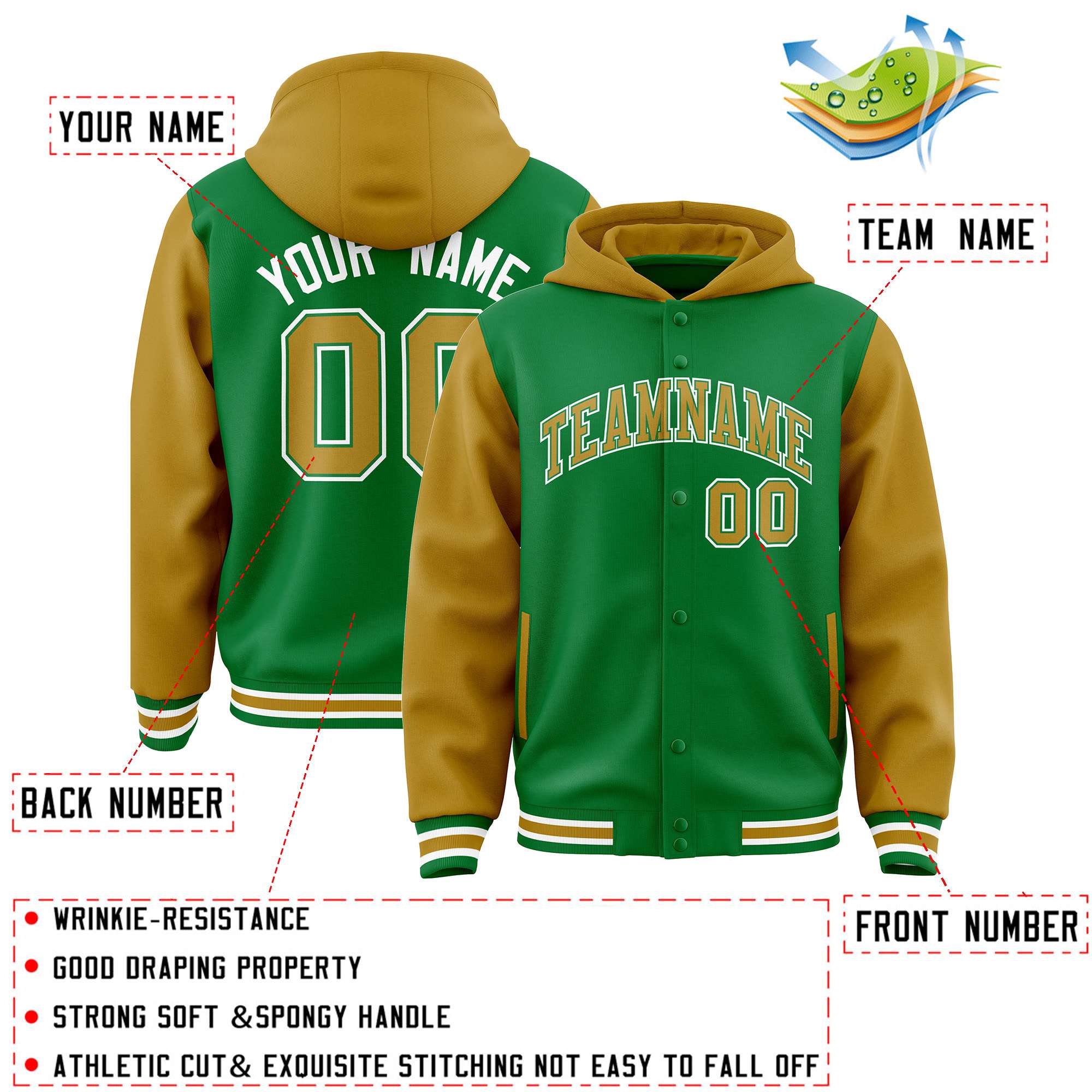 Custom Kelly Green Old Gold Raglan Sleeves Varsity Full-Snap Letterman Two Tone Jacket Hoodie| KXKSHOP