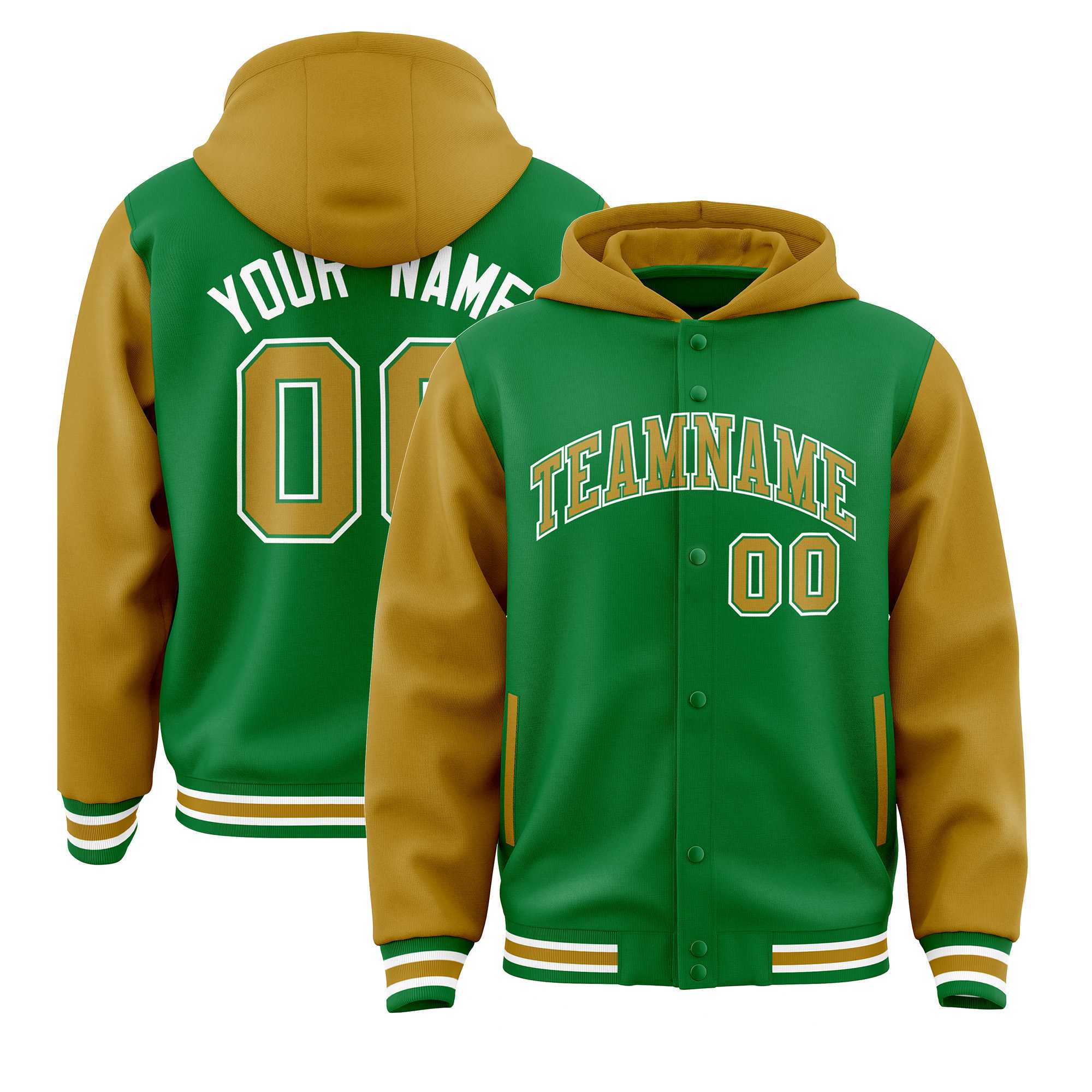 Custom Kelly Green Old Gold Raglan Sleeves Varsity Full-Snap Letterman Two Tone Jacket Hoodie| KXKSHOP