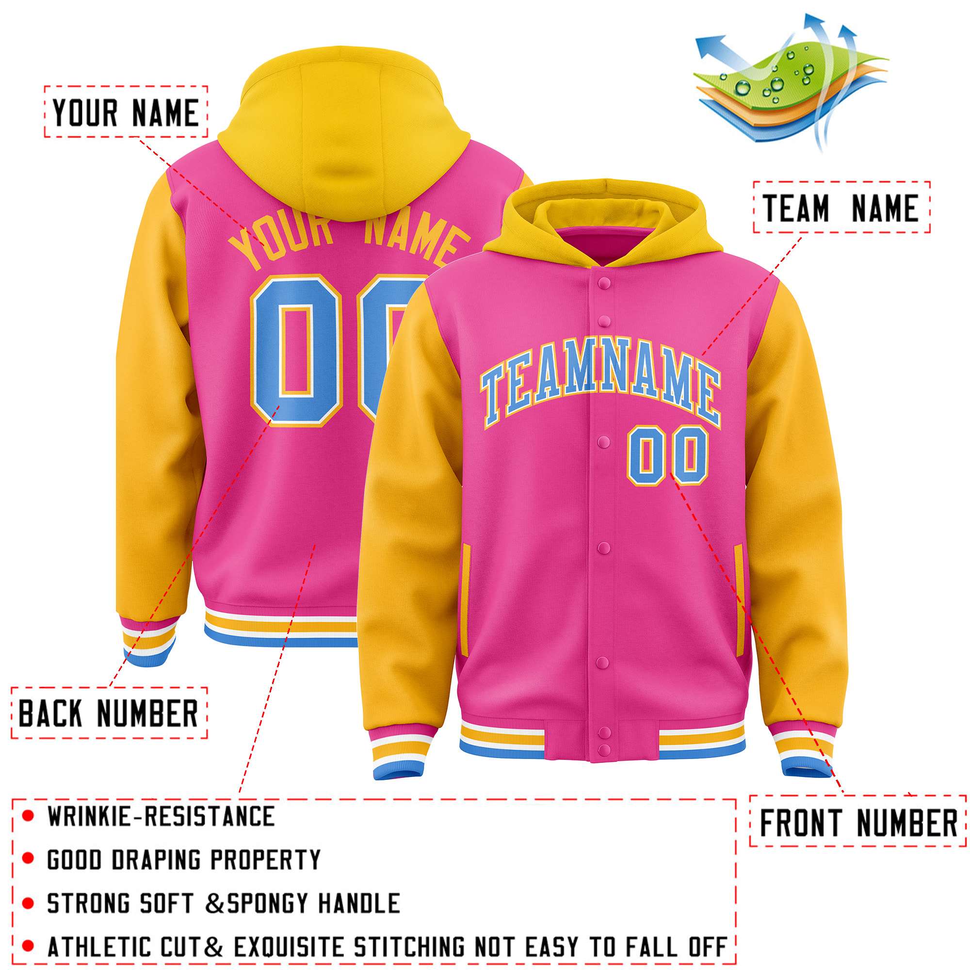 Custom Pink Gold Raglan Sleeves Varsity Full-Snap Letterman Two Tone Jacket Hoodie| KXKSHOP