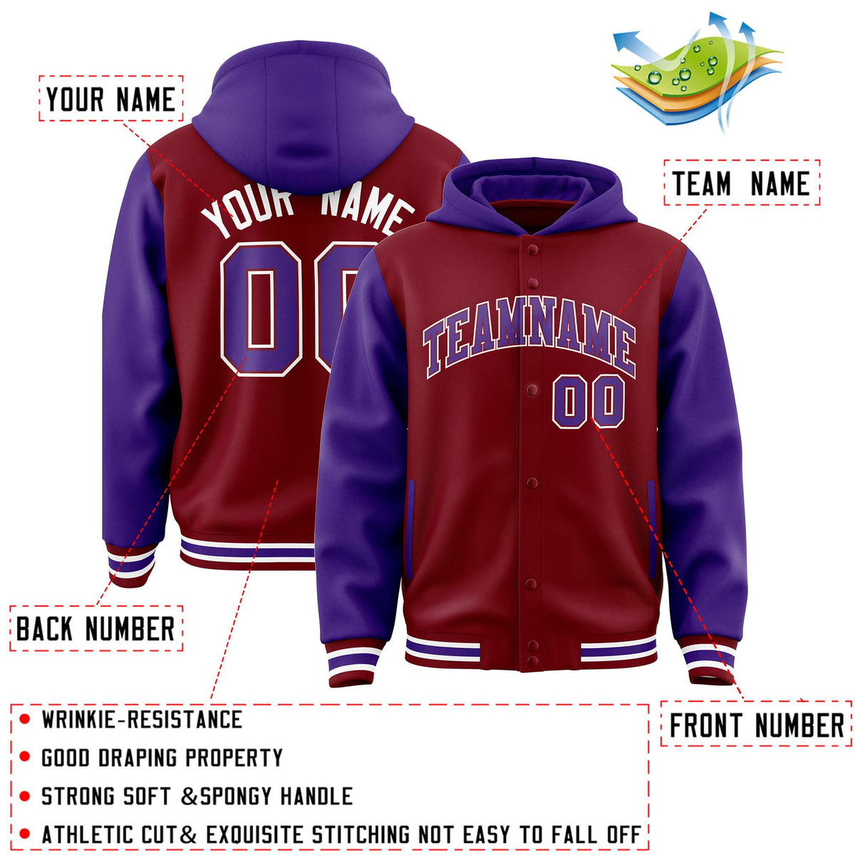 Custom Crimson Purple Raglan Sleeves Varsity Full-Snap Letterman Two Tone Jacket Hoodie| KXKSHOP
