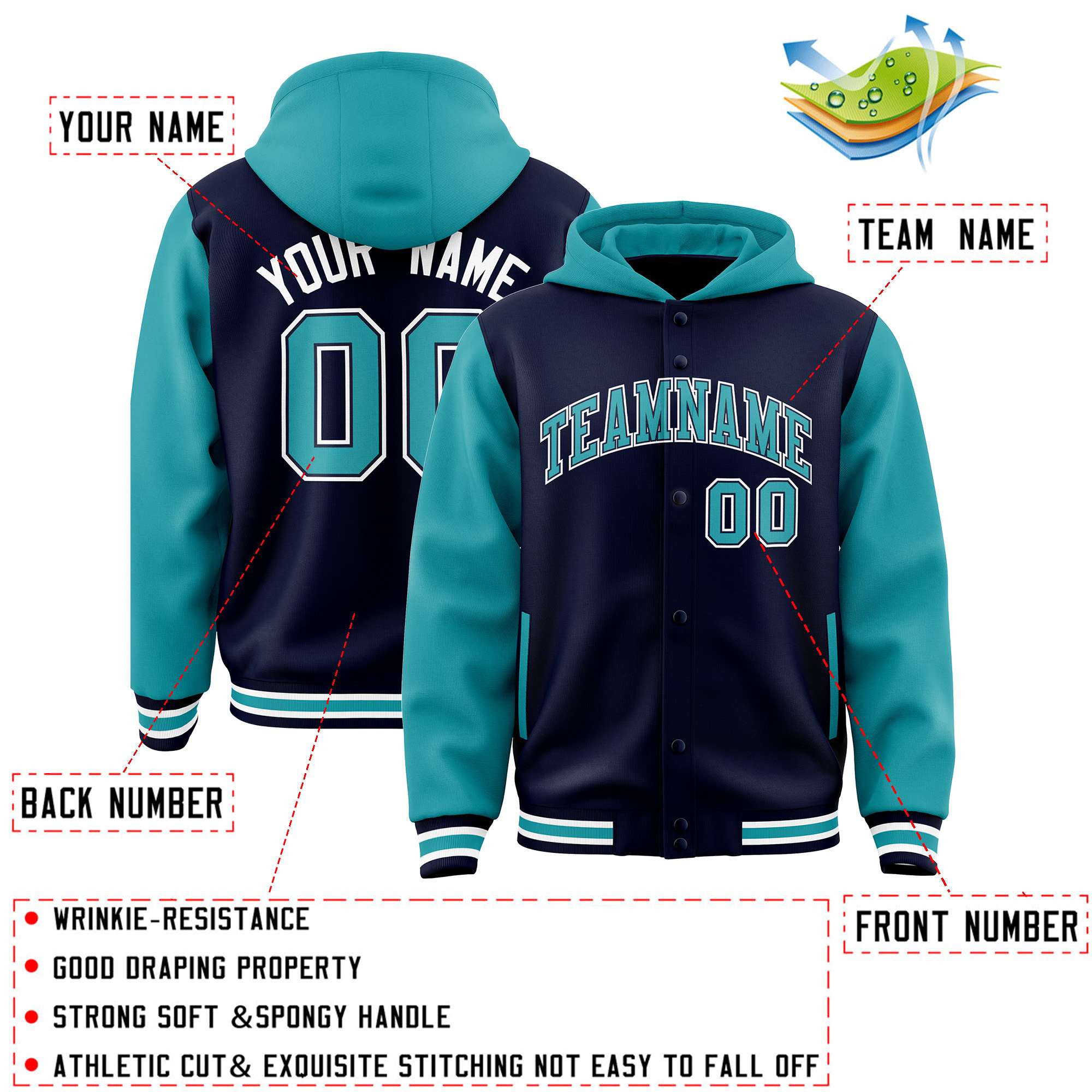 Custom Navy Aqua Raglan Sleeves Varsity Full-Snap Letterman Two Tone Jacket Hoodie| KXKSHOP