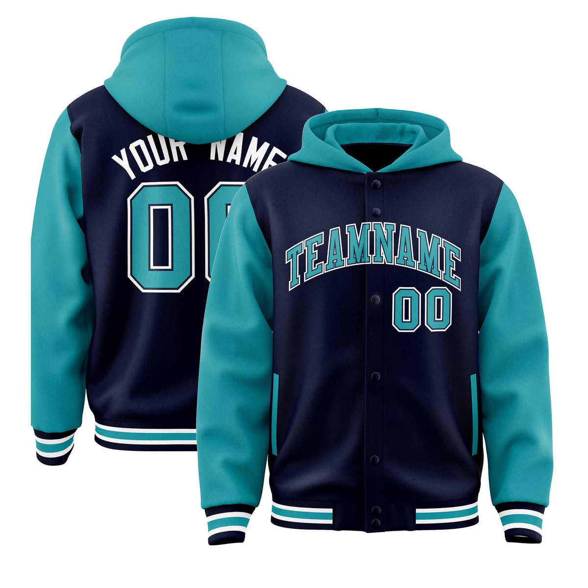 Custom Navy Aqua Raglan Sleeves Varsity Full-Snap Letterman Two Tone Jacket Hoodie| KXKSHOP