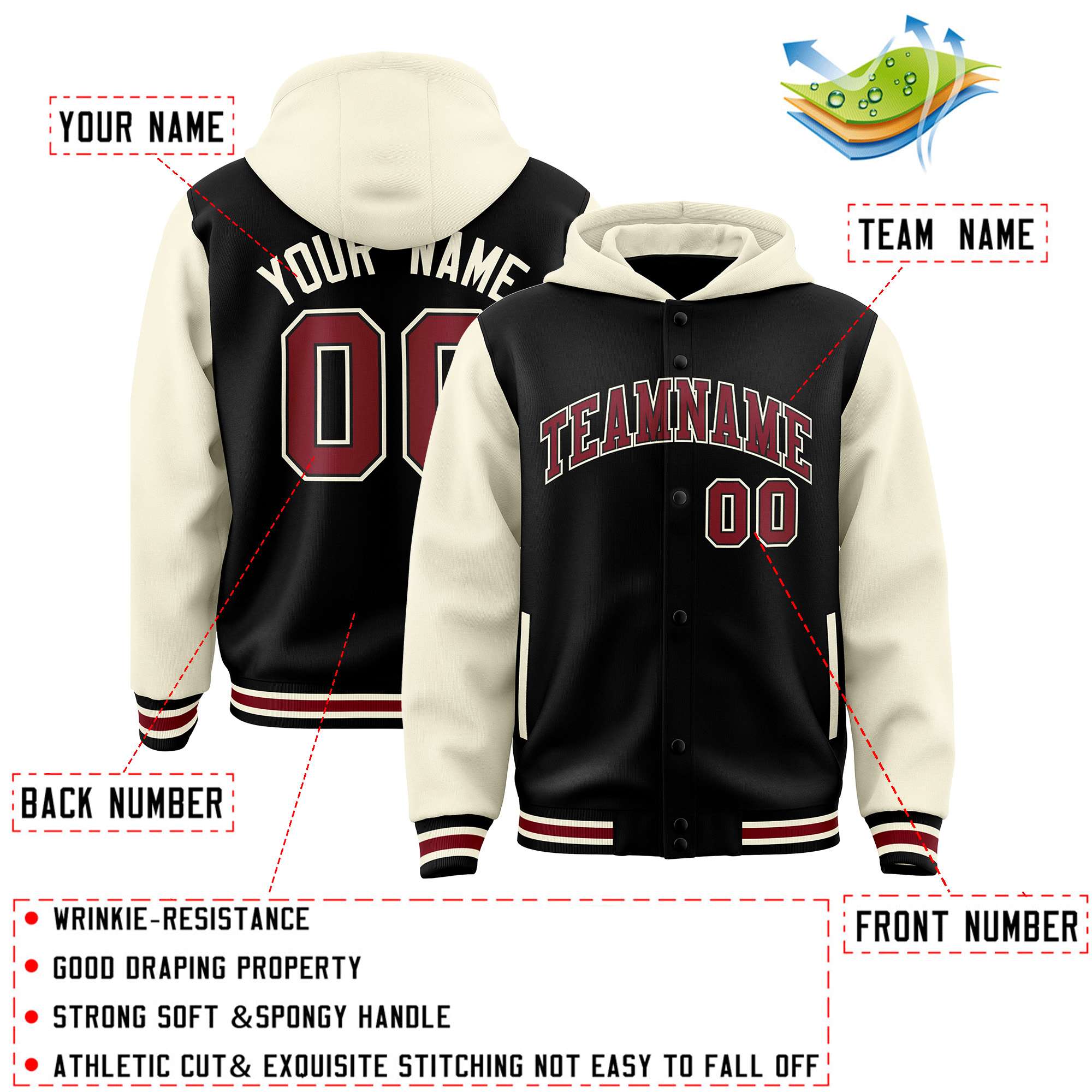 Custom Black Cream Raglan Sleeves Varsity Full-Snap Letterman Two Tone Jacket Hoodie| KXKSHOP