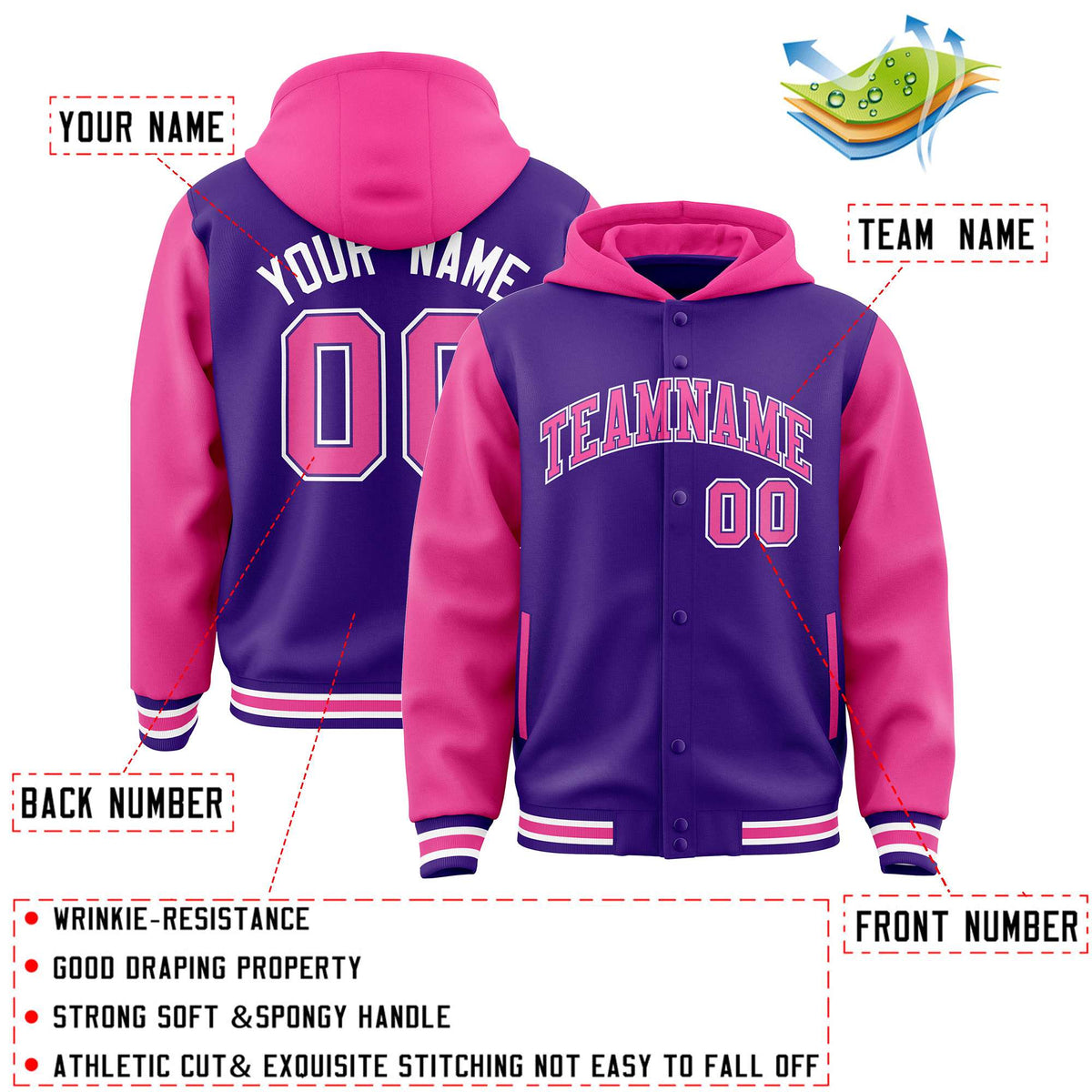 Custom Purple Pink Raglan Sleeves Varsity Full-Snap Letterman Two Tone Jacket Hoodie| KXKSHOP