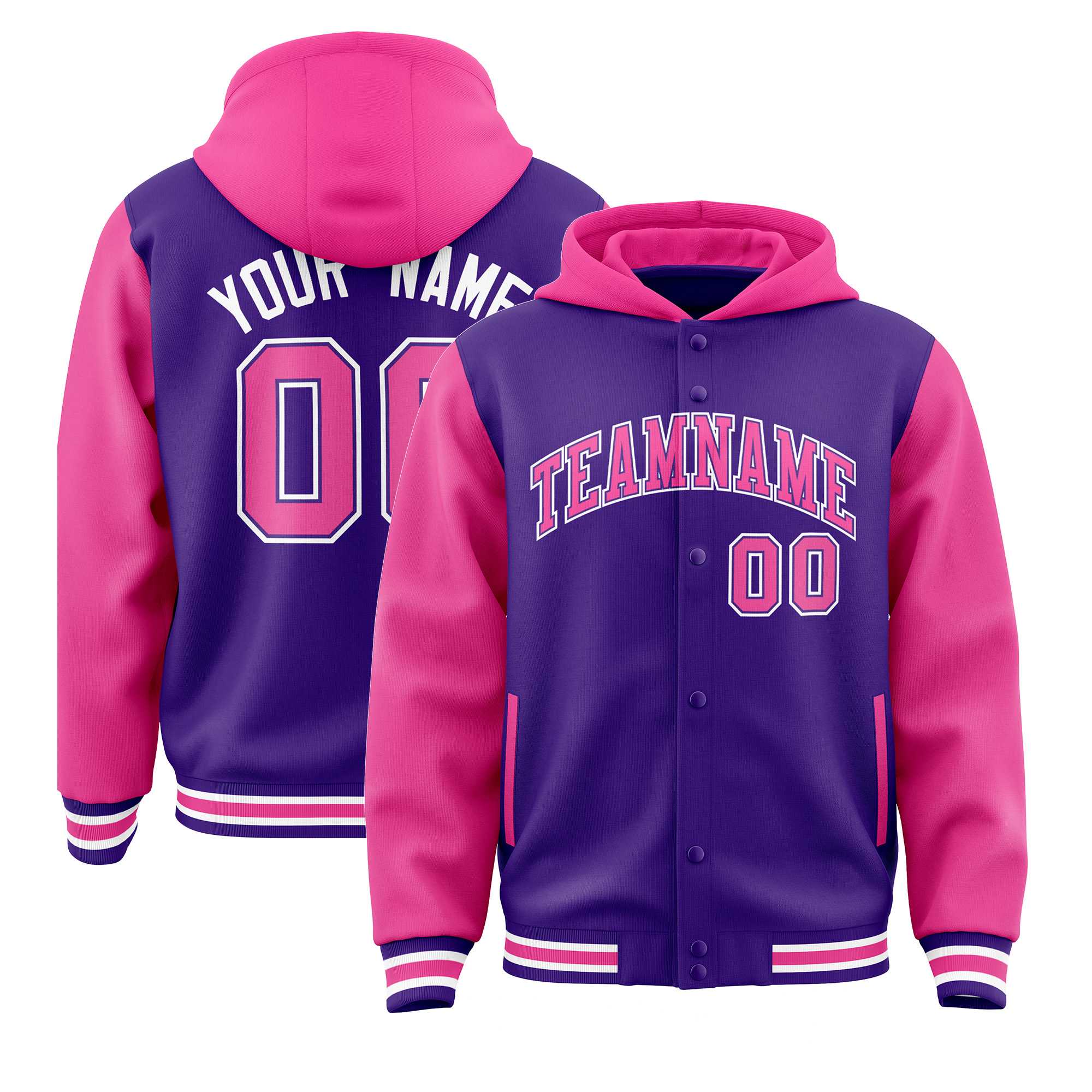 Custom Purple Pink Raglan Sleeves Varsity Full-Snap Letterman Two Tone Jacket Hoodie| KXKSHOP