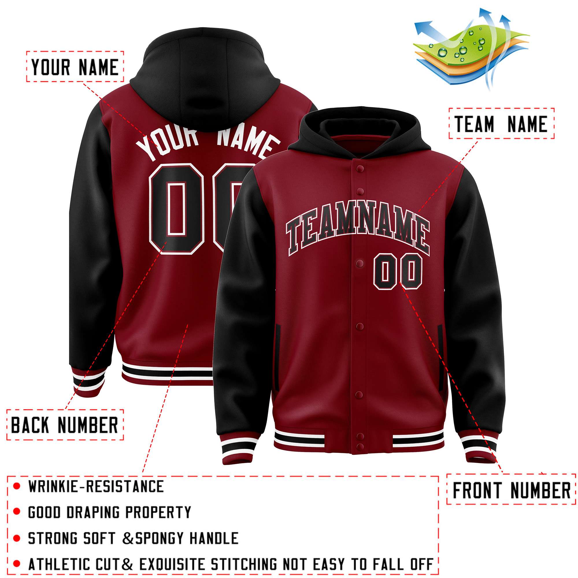 Custom Crimson Black Raglan Sleeves Varsity Full-Snap Letterman Two Tone Jacket Hoodie| KXKSHOP