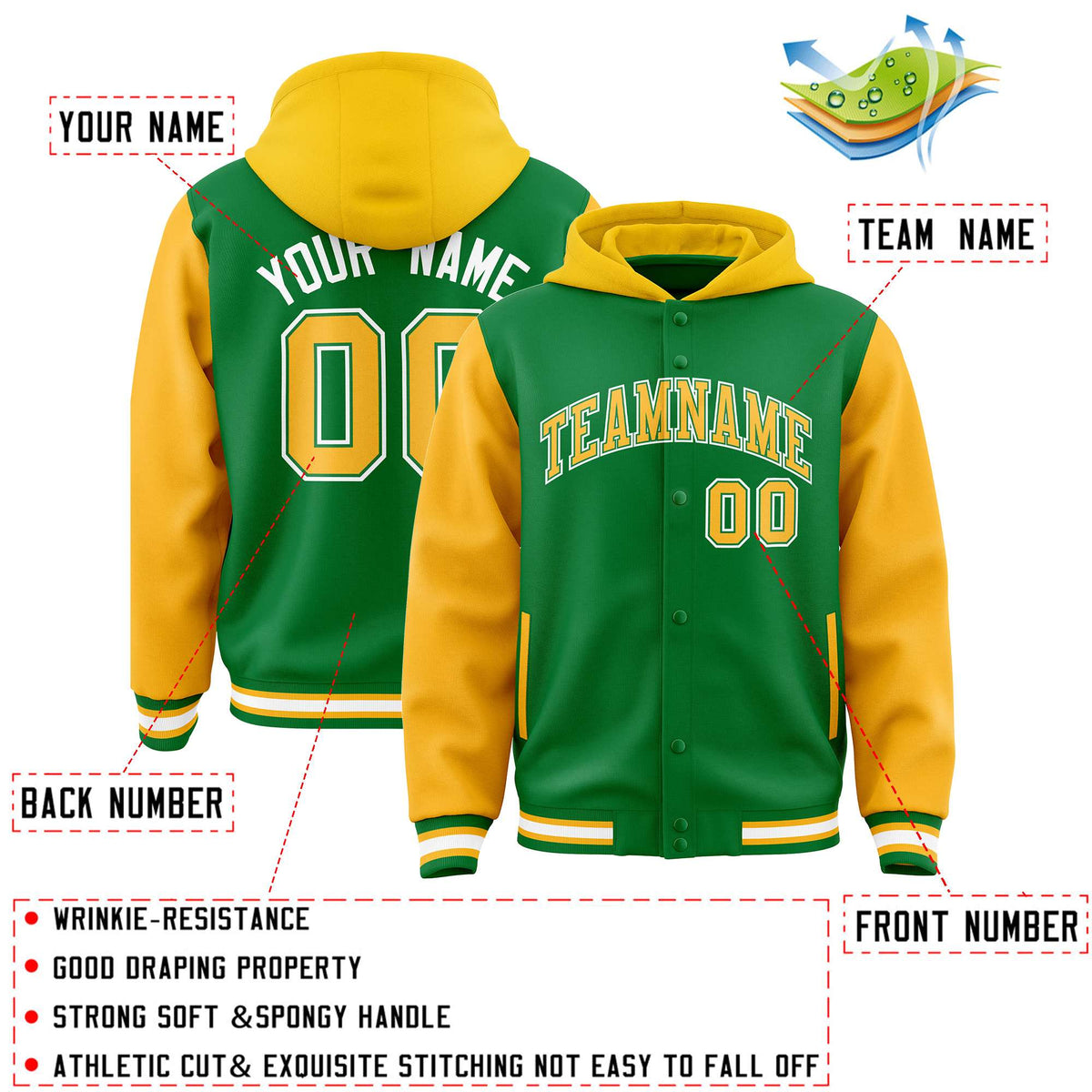 Custom Kelly Green Gold Raglan Sleeves Varsity Full-Snap Letterman Two Tone Jacket Hoodie| KXKSHOP